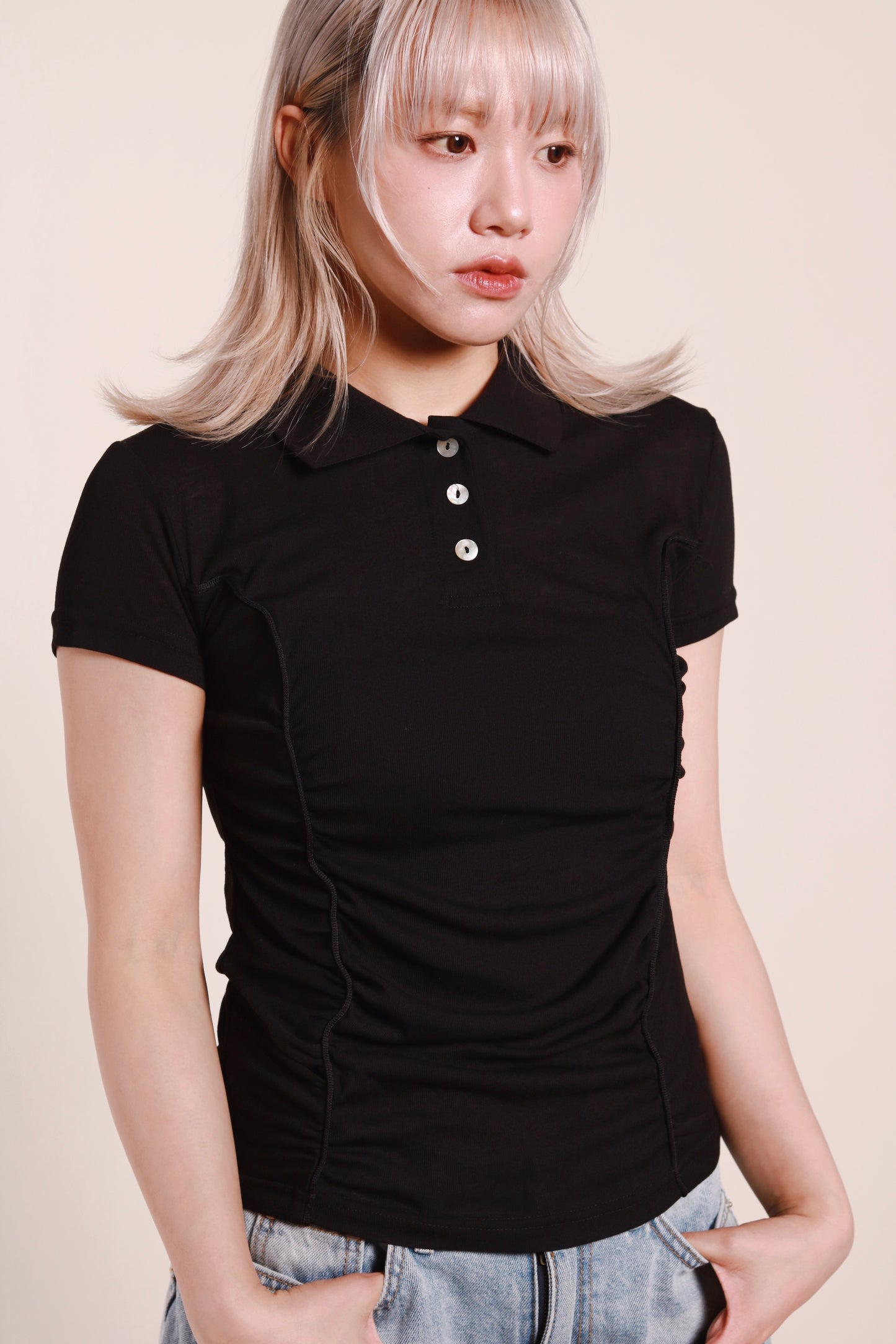 Gathered Polo Top (Black)
