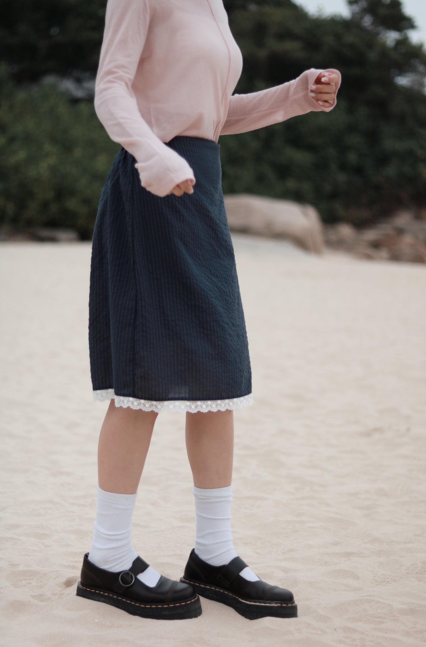 Striped Lace Mini Skirt (Navy)