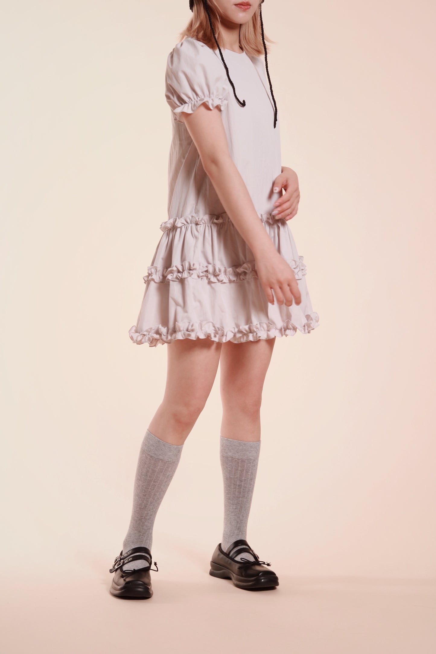 Doll Puff Sleeve Mini Dress (Grey)