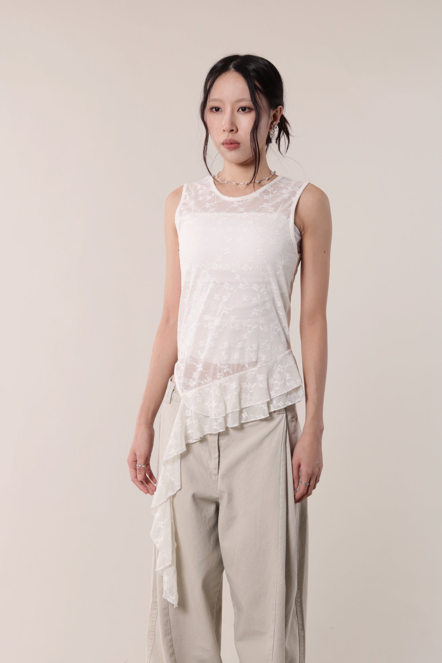 Mesh Flower Sleeveless Top (Ivory)