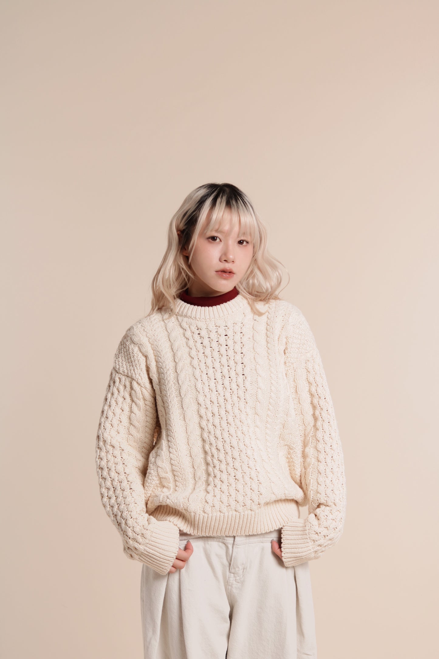 Oversized Cable Knit Sweater (Ivory)