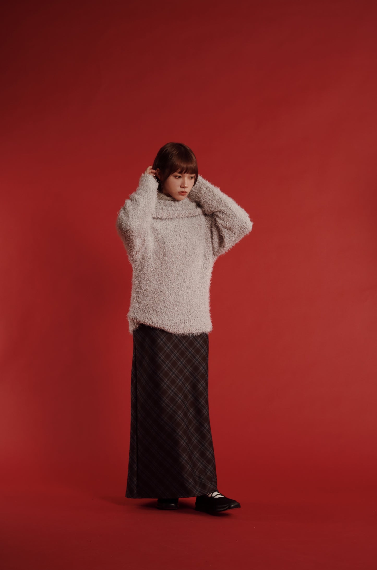 Checkered Slit Skirt (Brown)