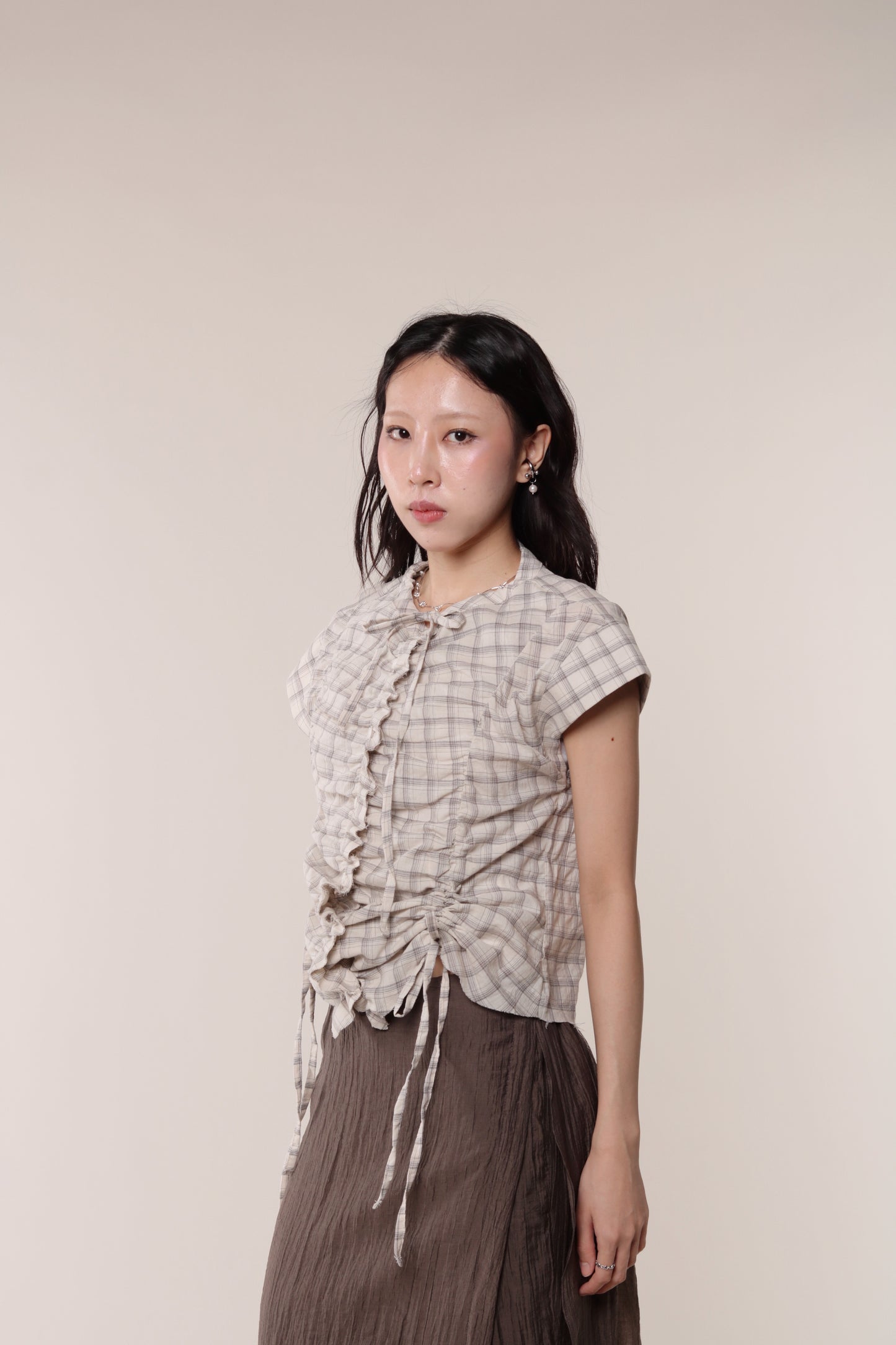 Gathered Check Shirt (Beige)