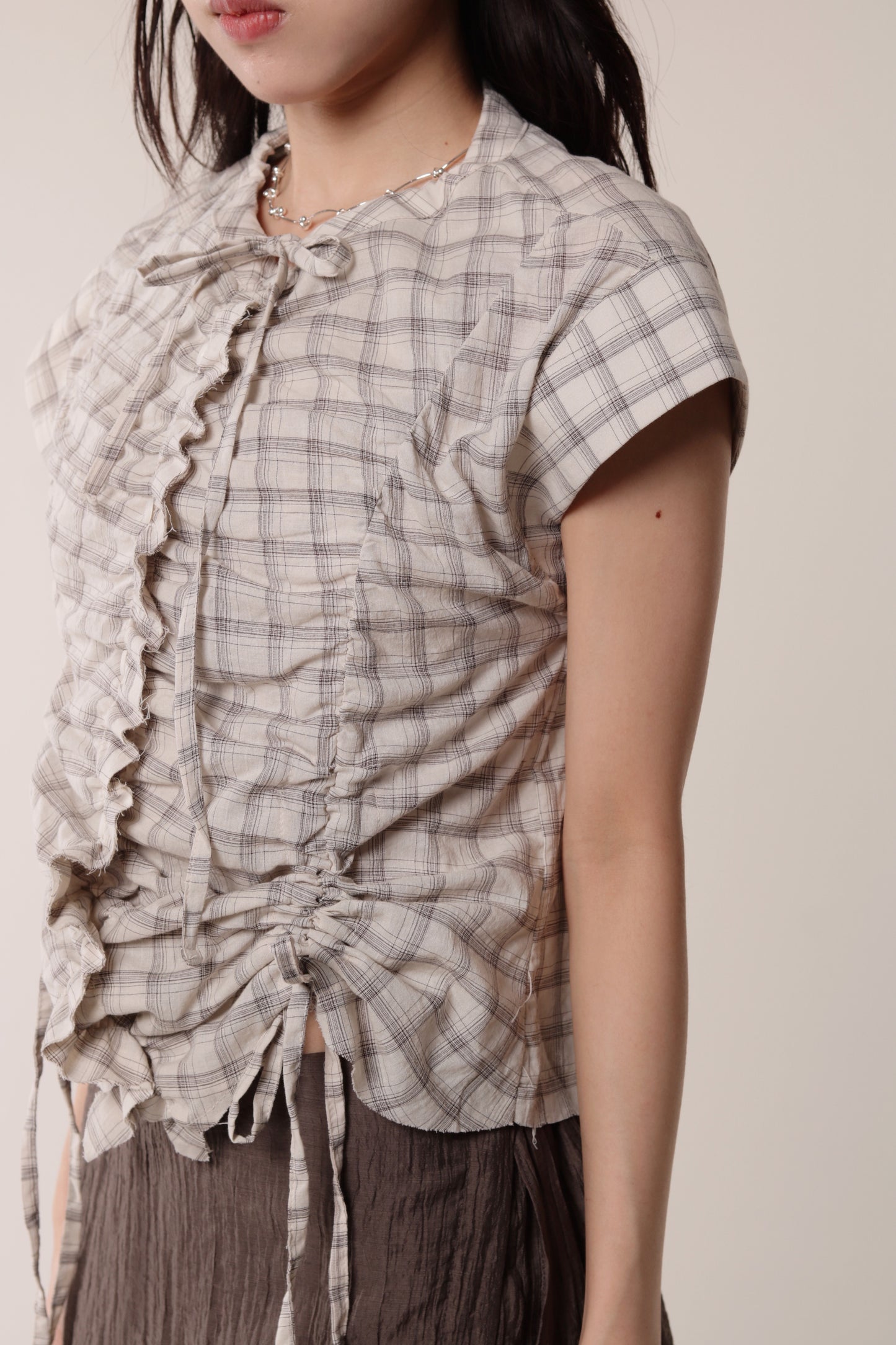 Gathered Check Shirt (Beige)