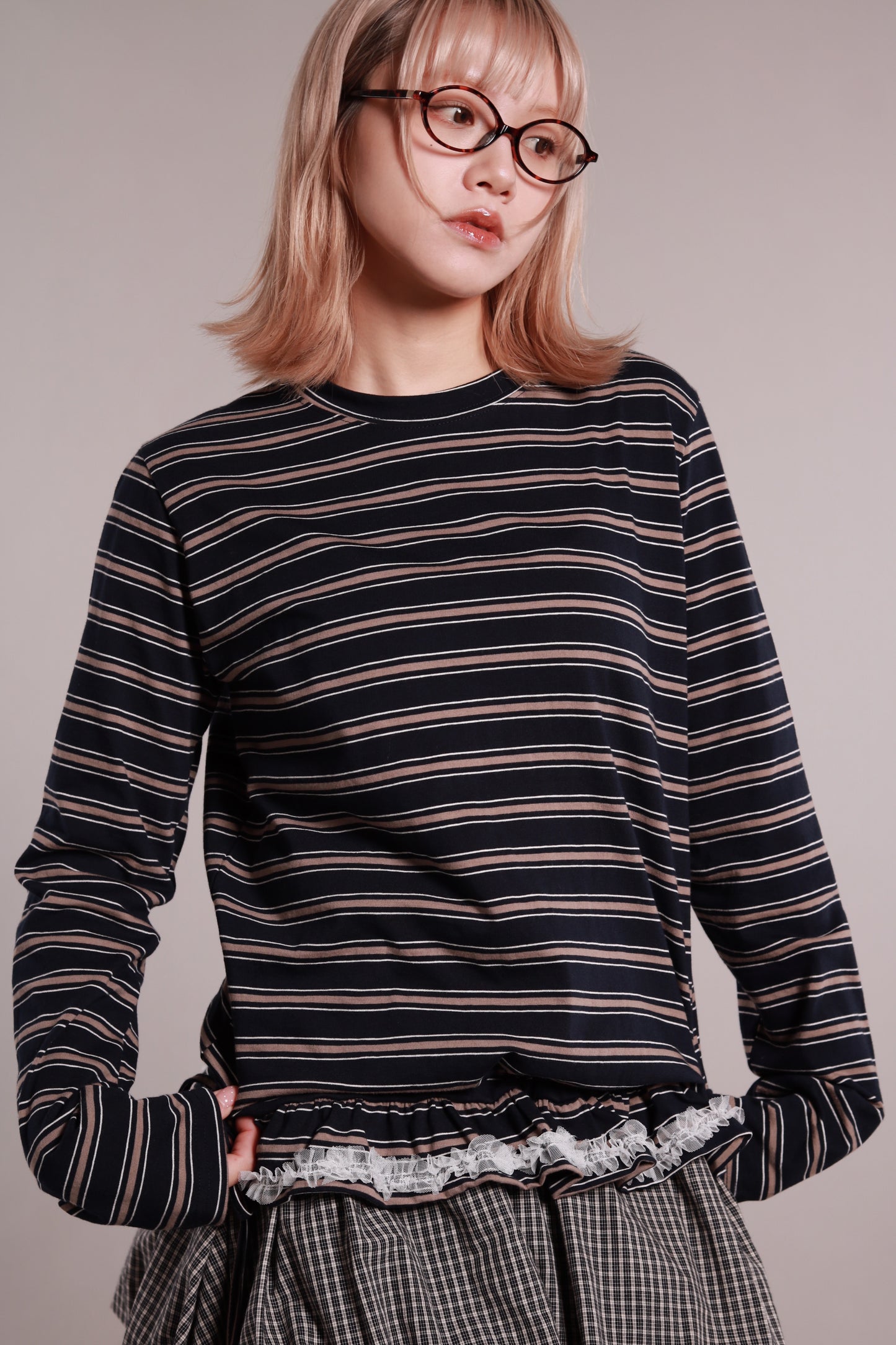 Frilled Lace Stripe Top (Navy)