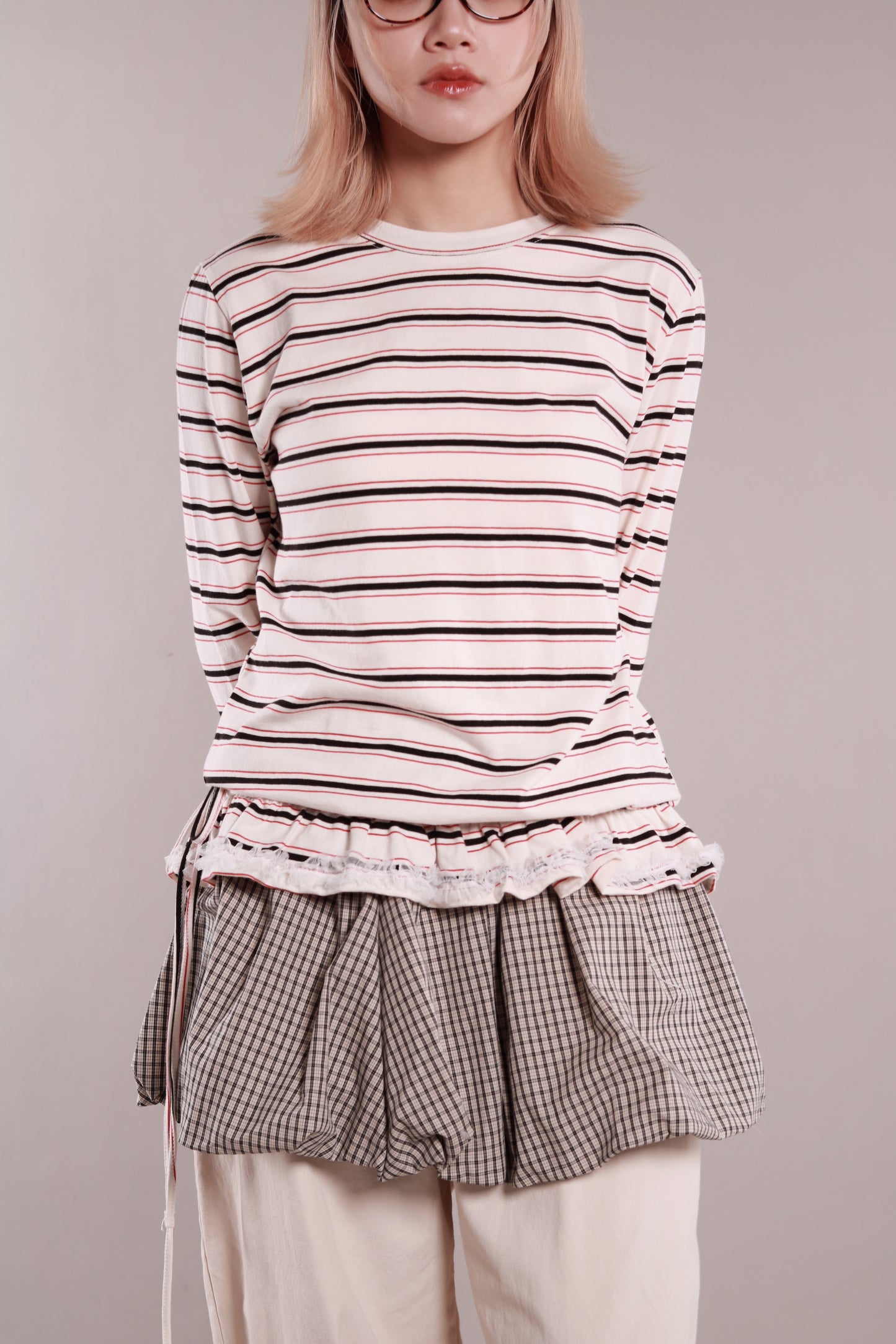 Frilled Lace Stripe Top (Ivory)