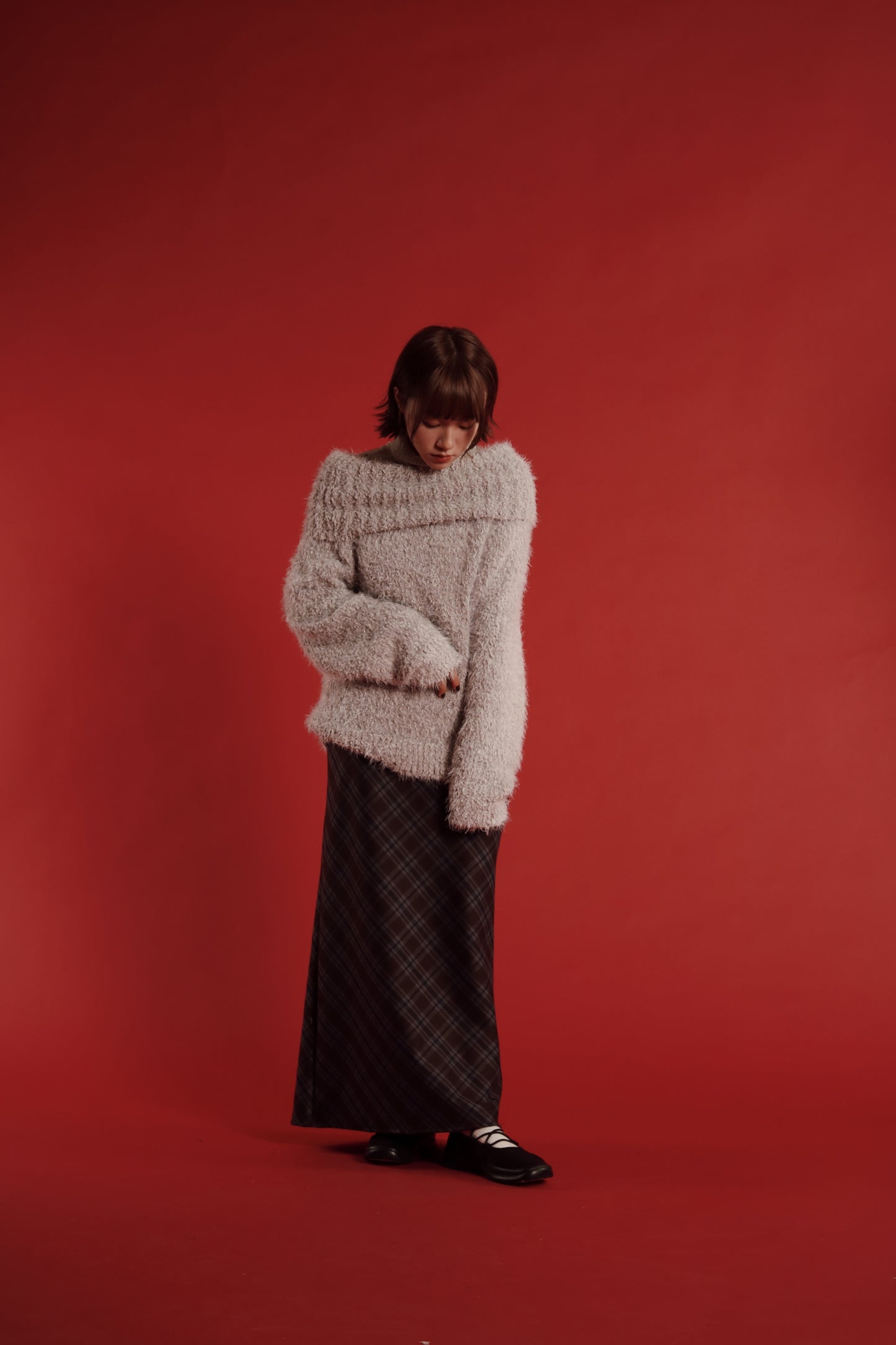 Checkered Slit Skirt (Brown)