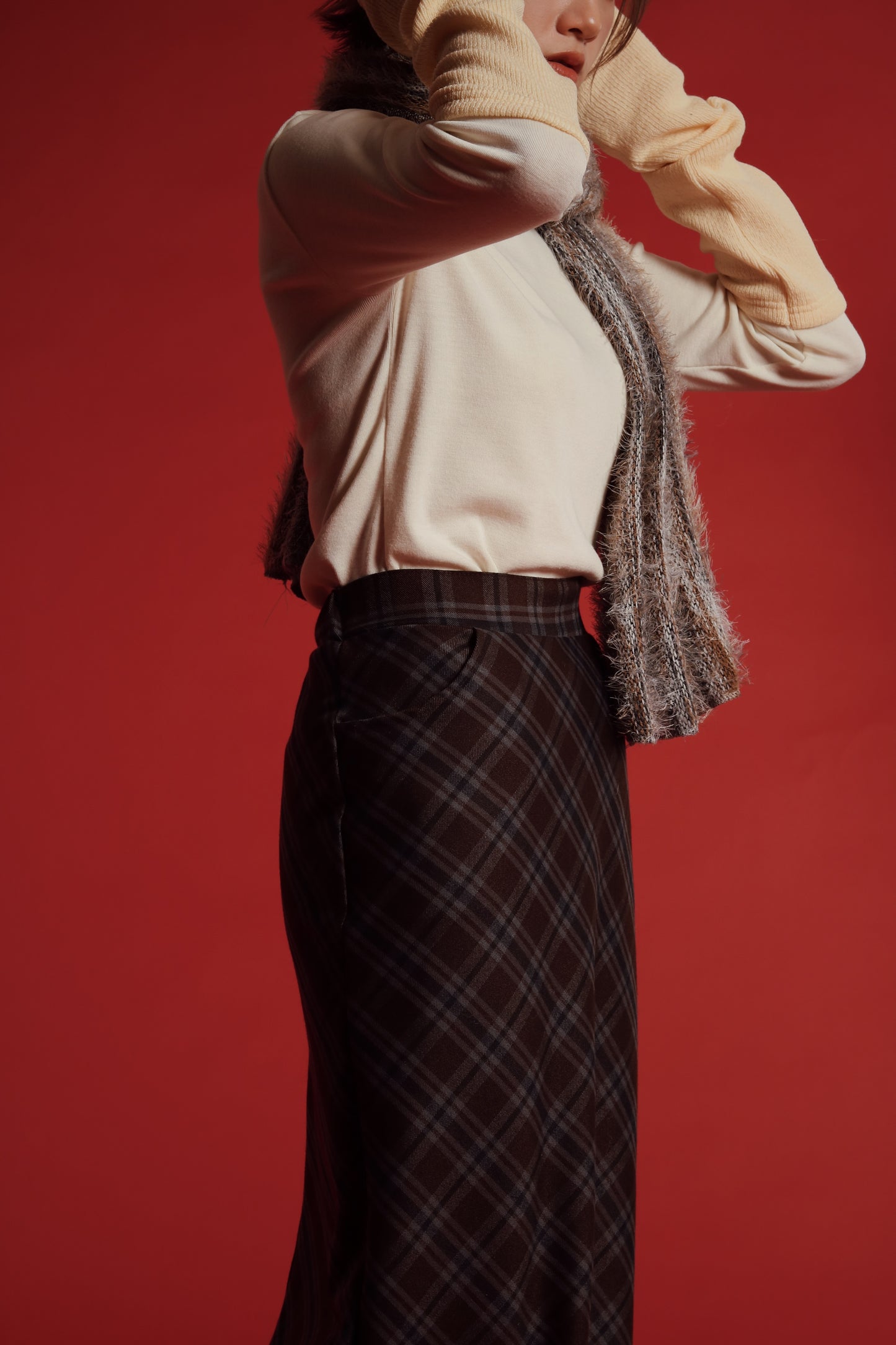 Checkered Slit Skirt (Brown)