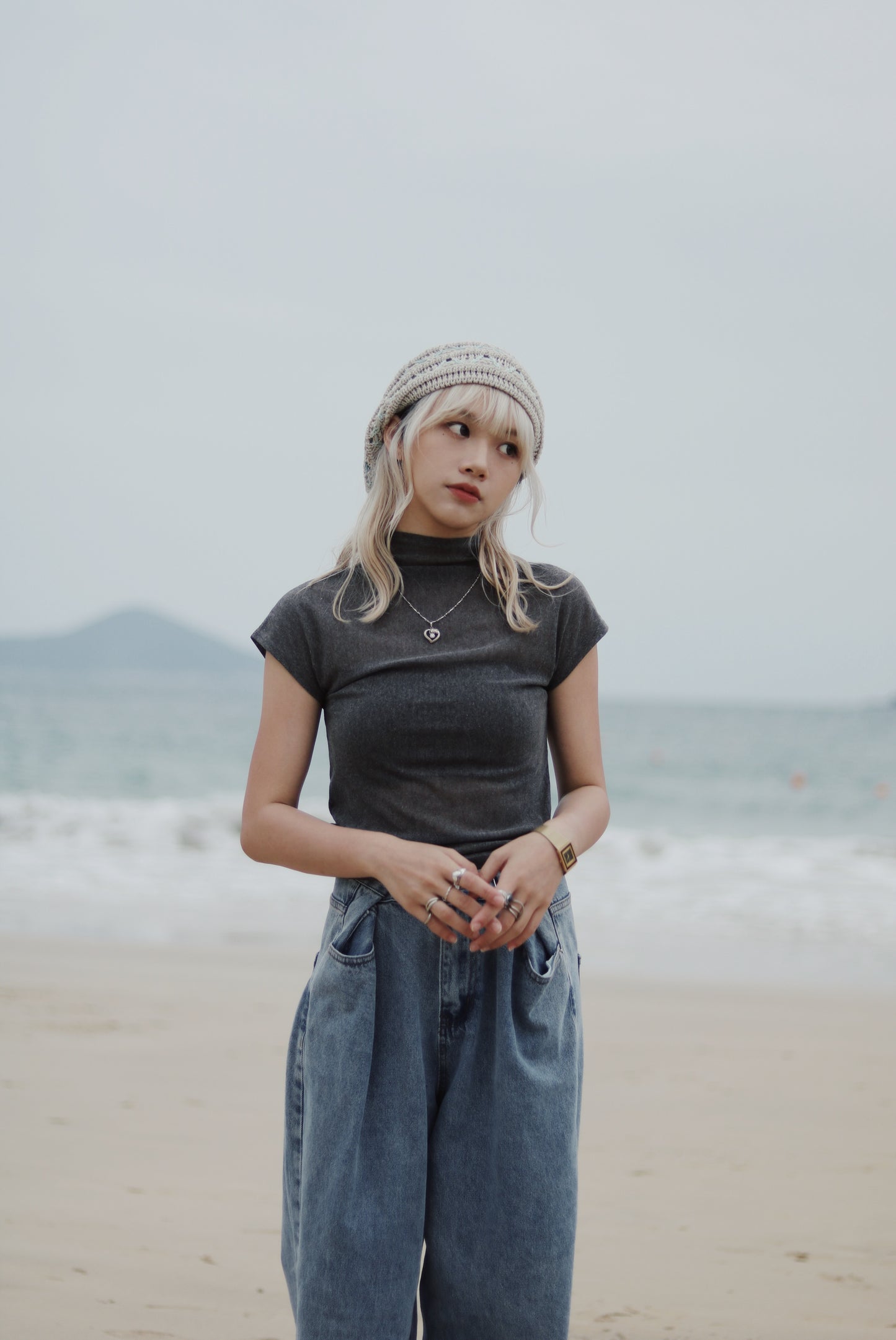 Cap Sleeve Mock Neck Top (Brown)