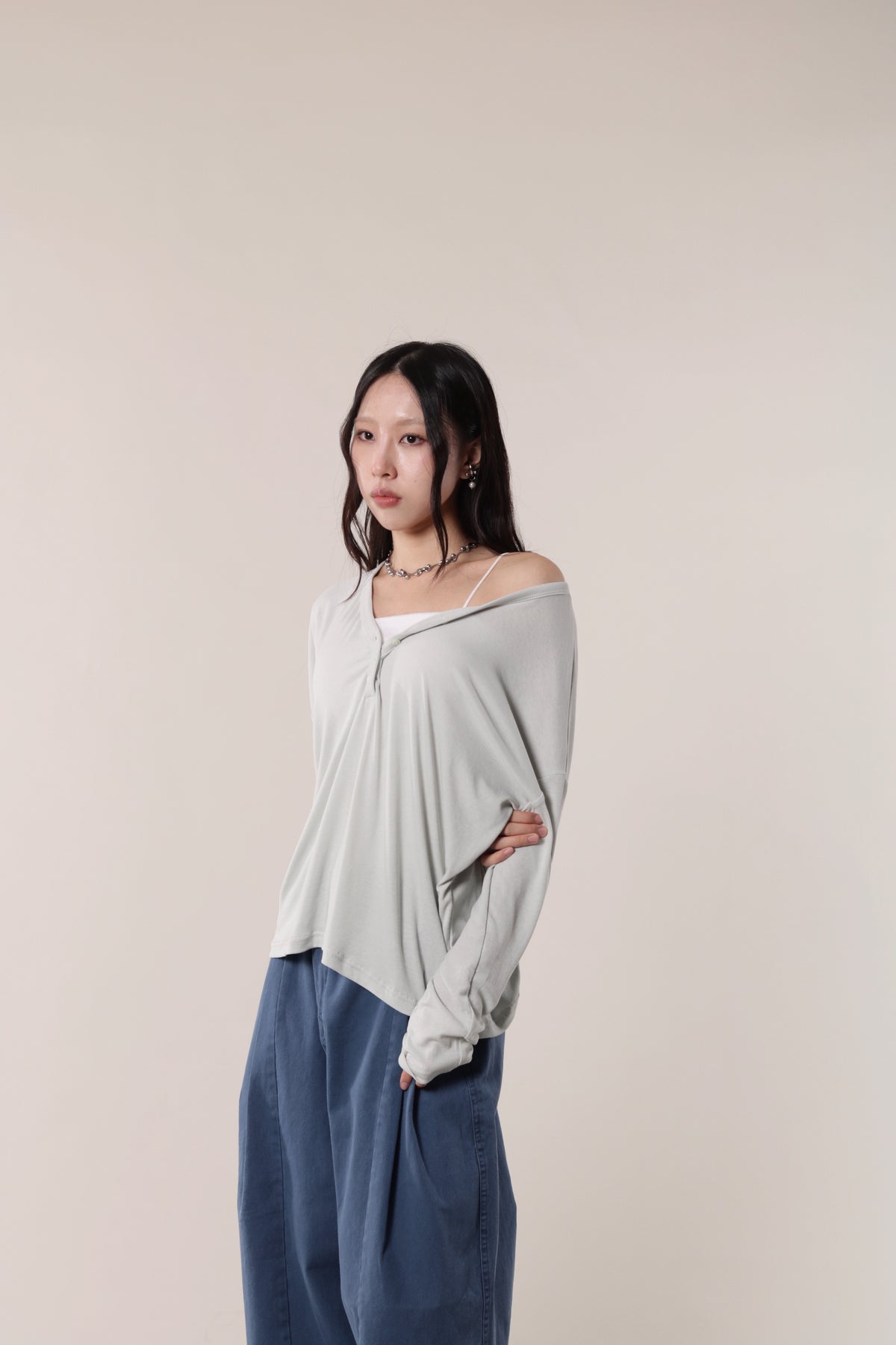 Lazy Button Long Tee (Mint Grey)