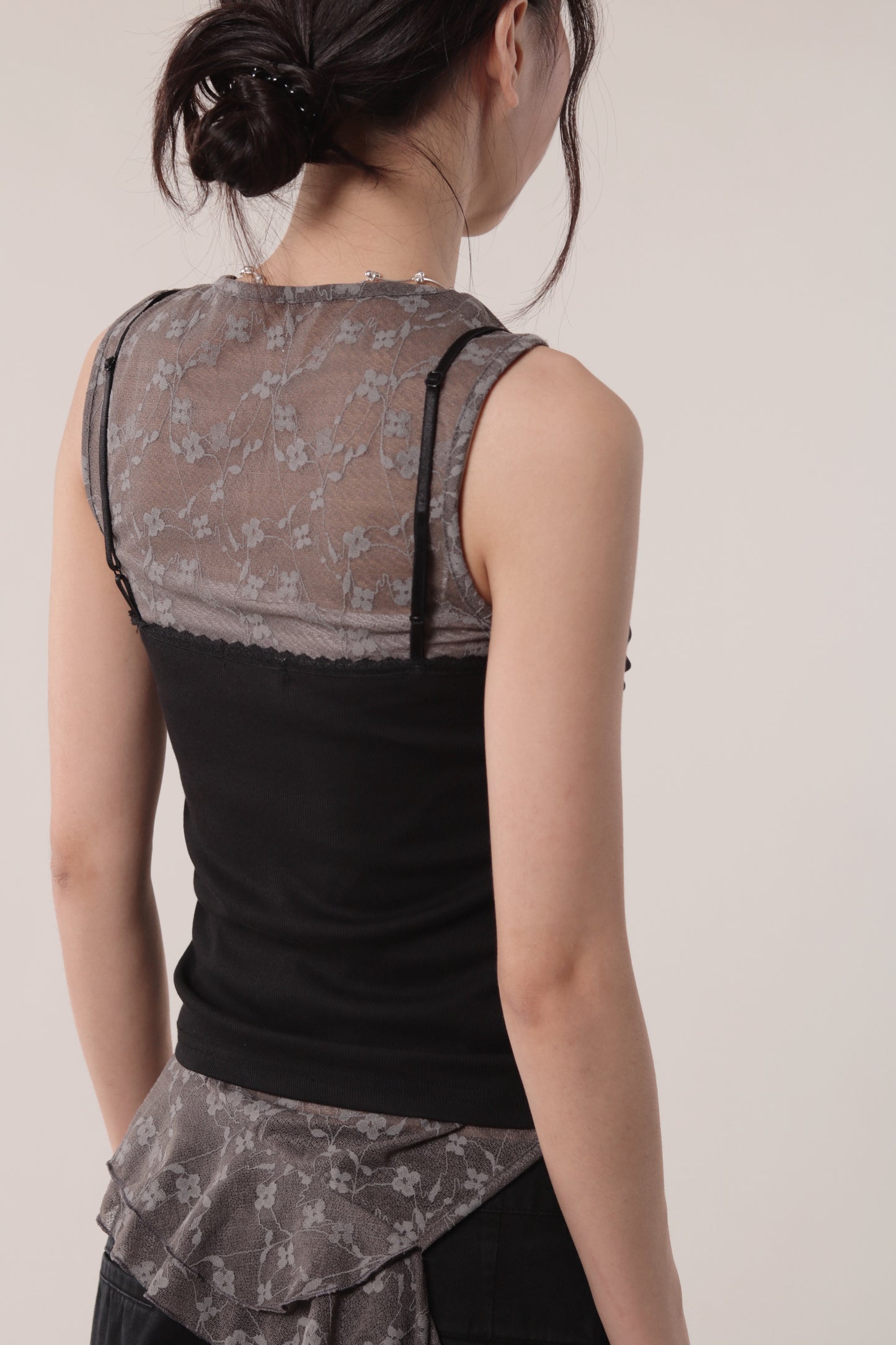 Mesh Flower Sleeveless Top (Charcoal)