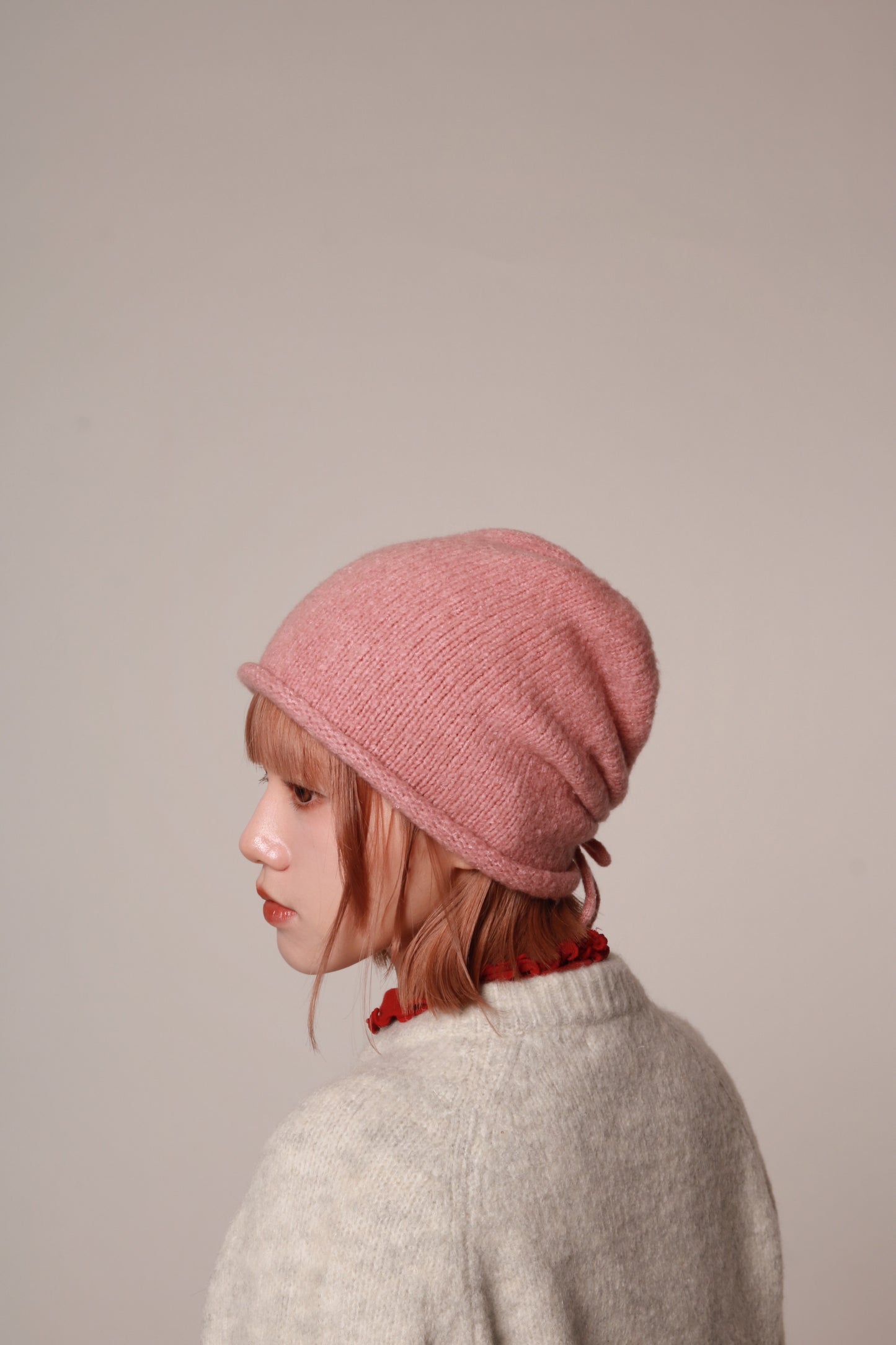 Gathered Ribbon Beanie (Beige/Black/Charcoal/Pink/Red)