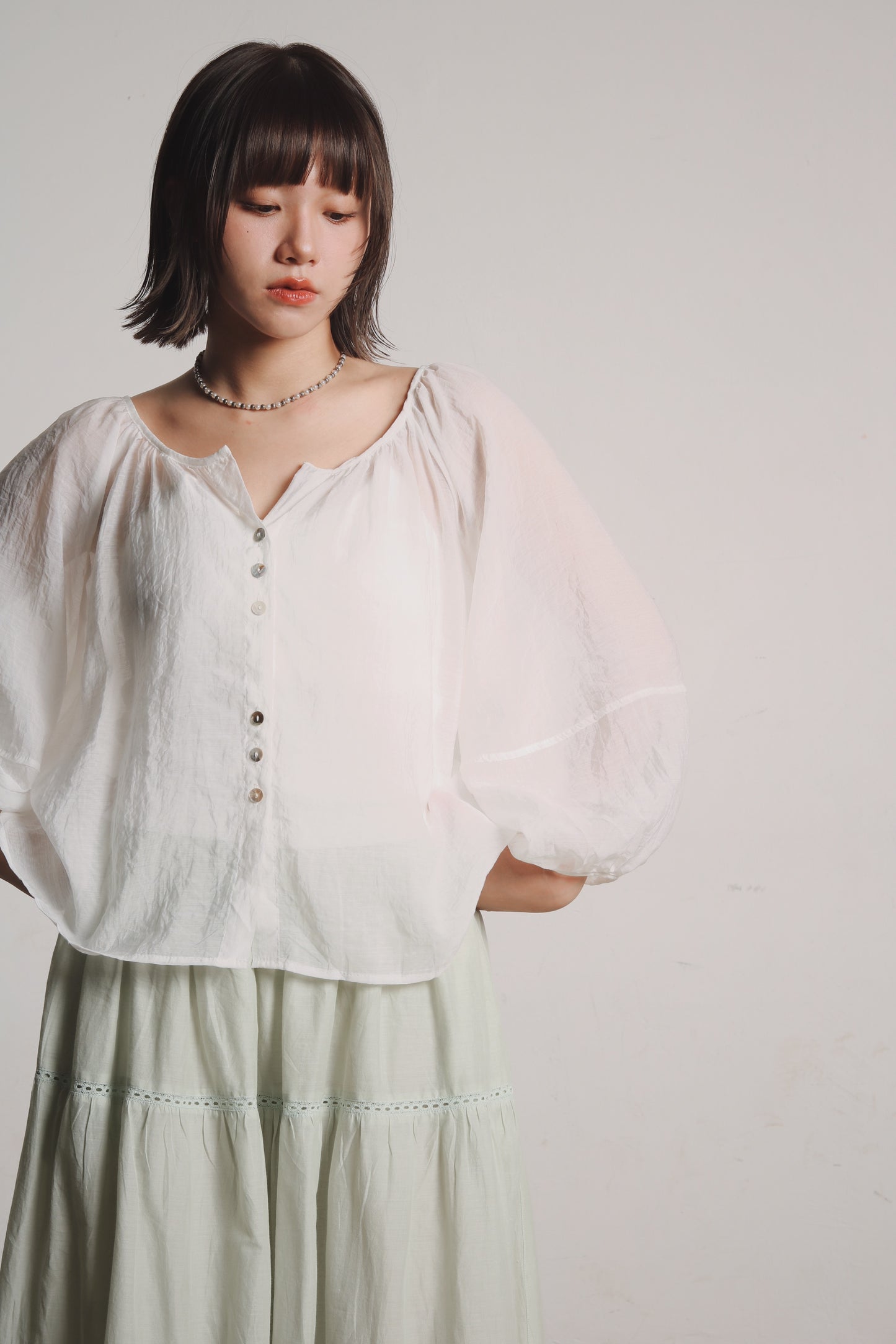 See Through Puff Sleeve Blouse (White)