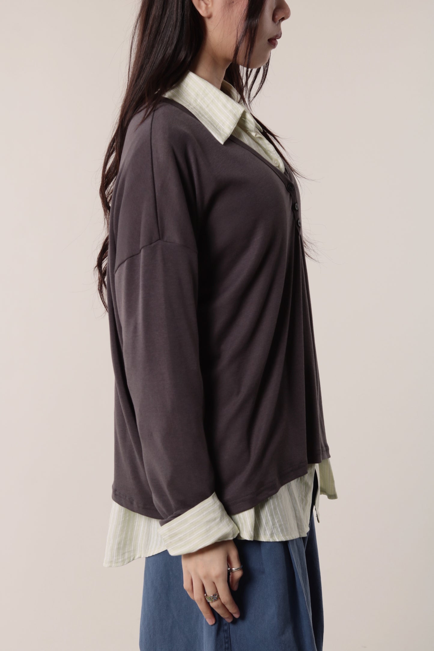 Lazy Button Long Tee (Charcoal)