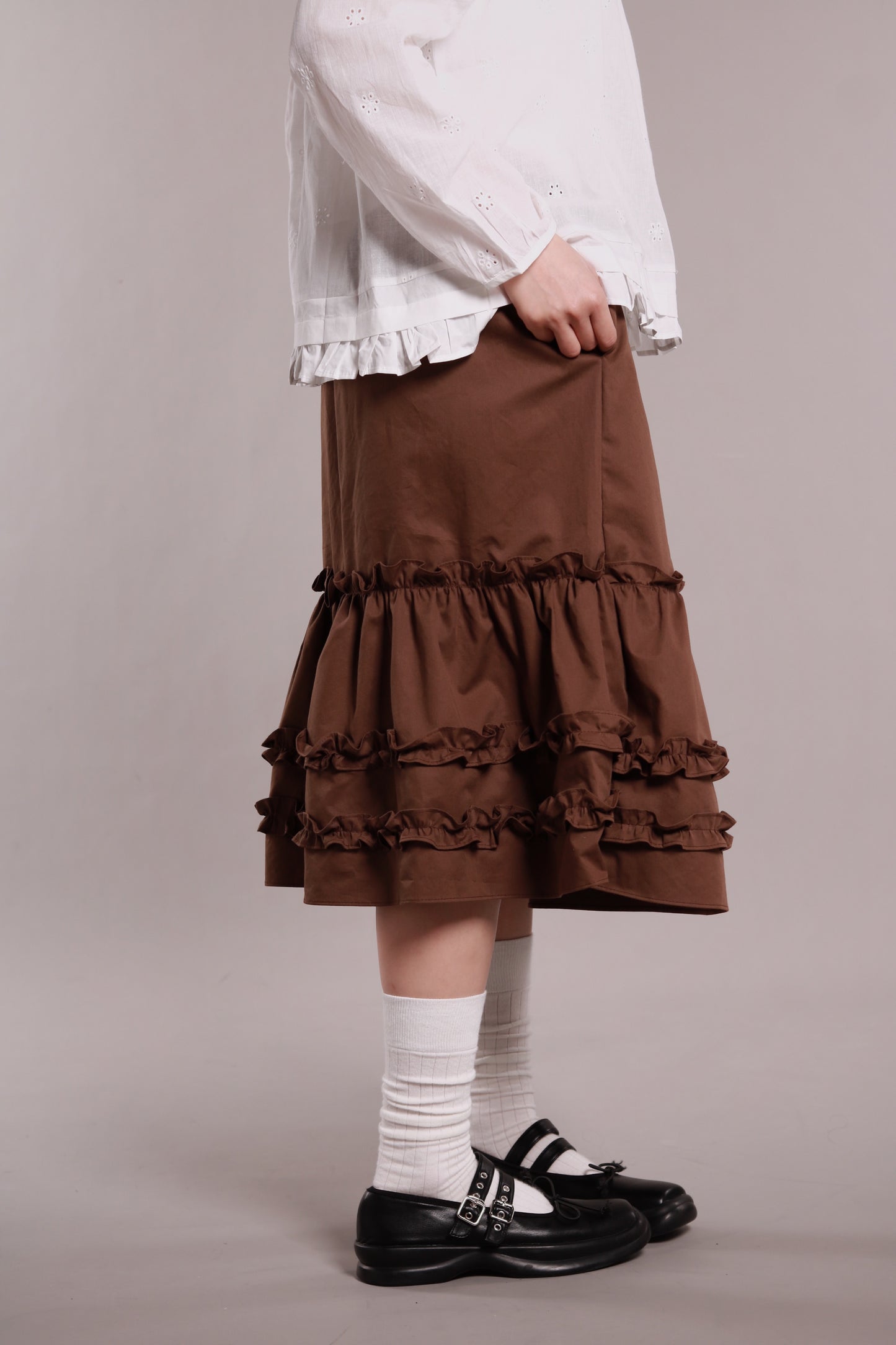 Doll Ruffle Midi Skirt (Brown)