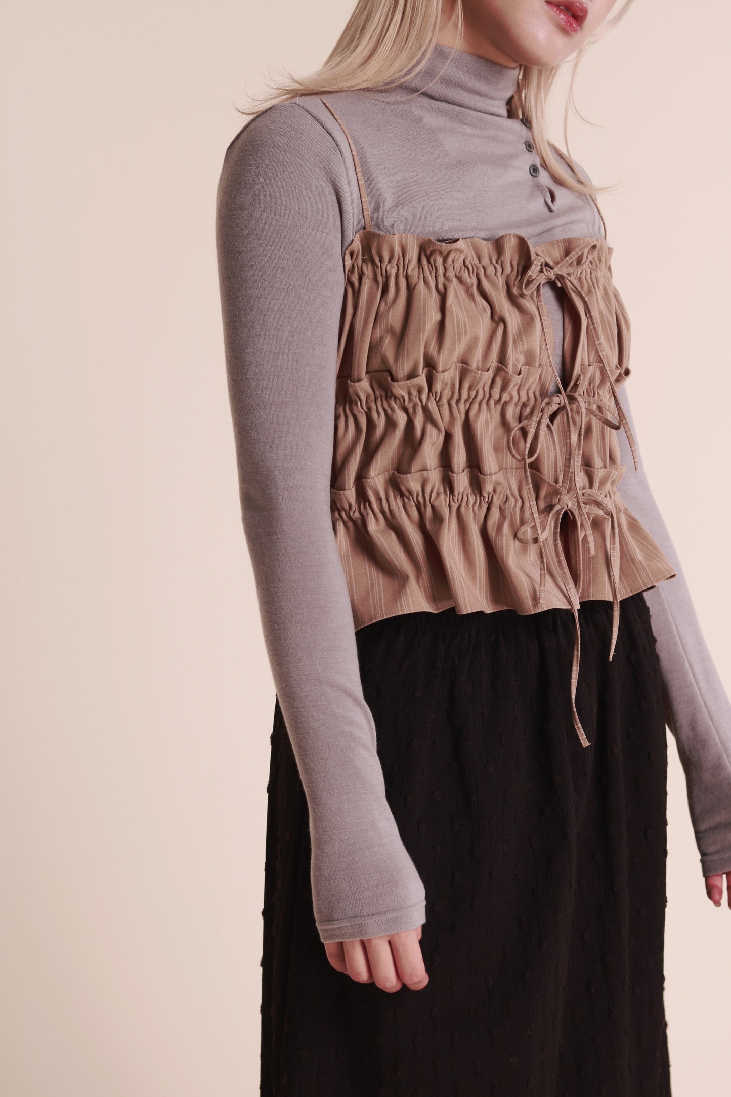 Gathered Ribbon Sleeveless Top (Beige)