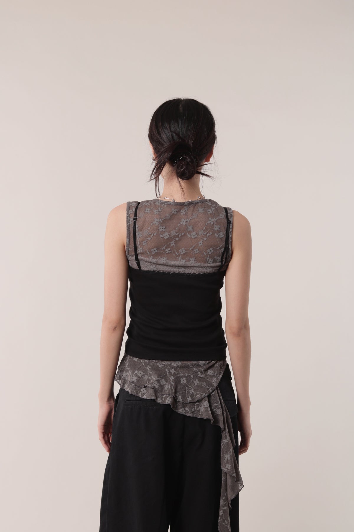 Mesh Flower Sleeveless Top (Charcoal)