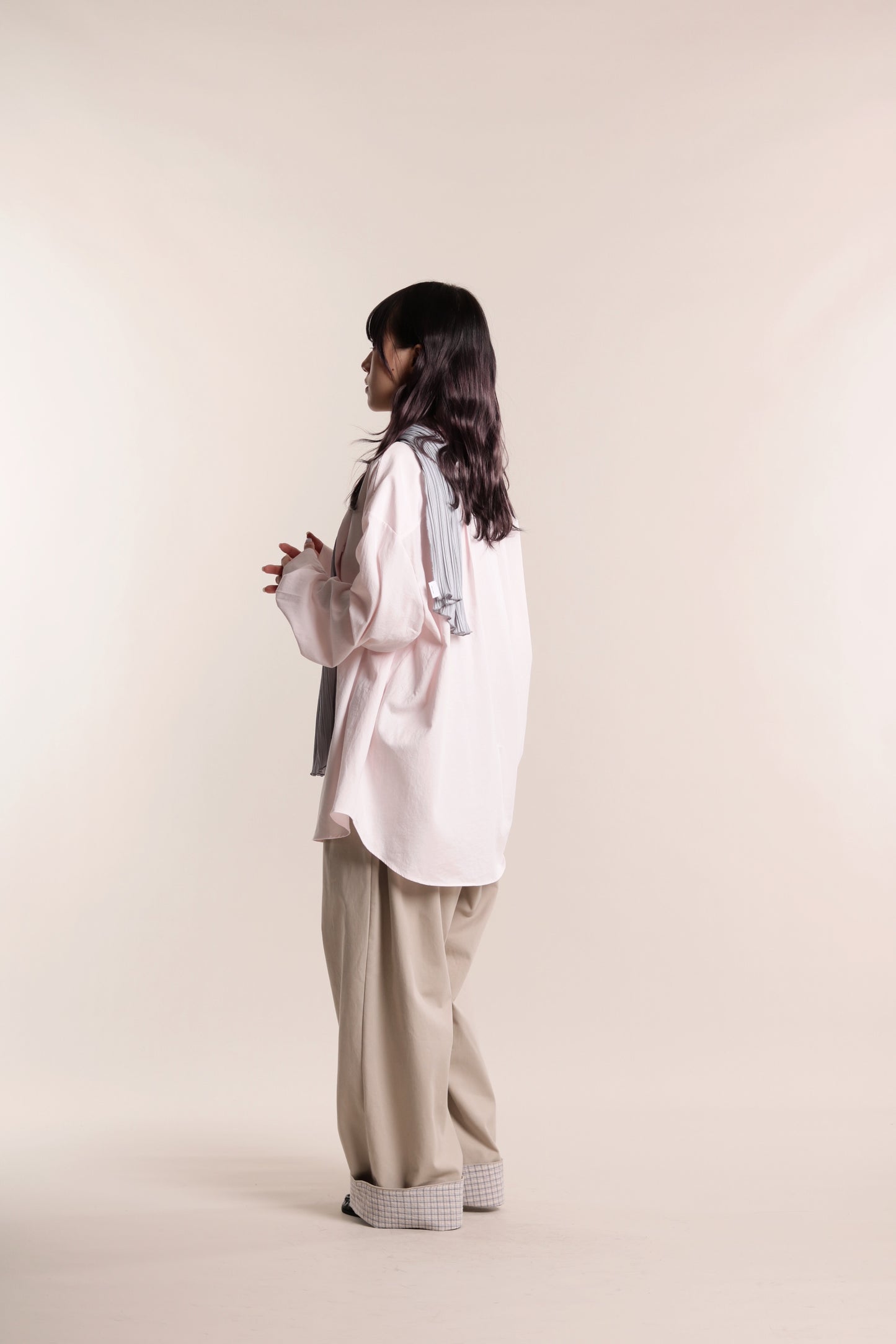 Check Detail Pleated Pants (Beige)