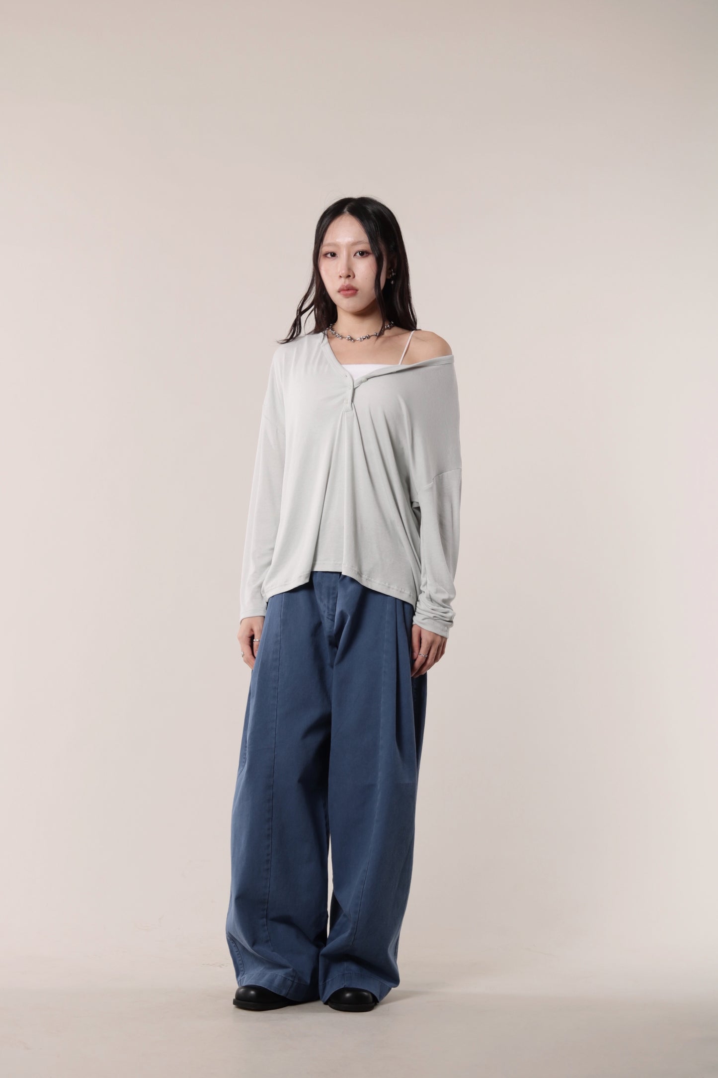 Lazy Button Long Tee (Mint Grey)