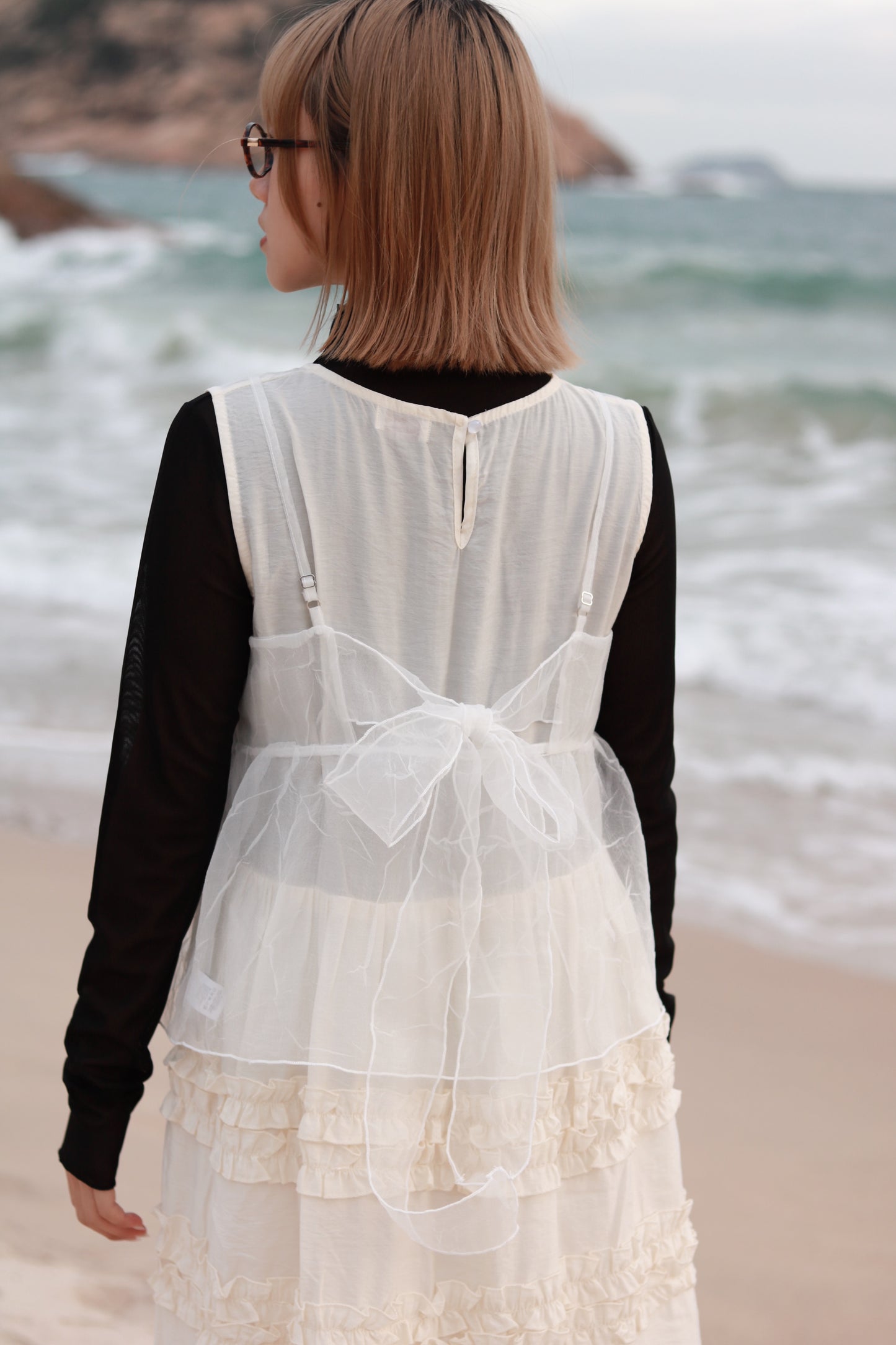 Doll Ribbon Sleeveless Top (White)