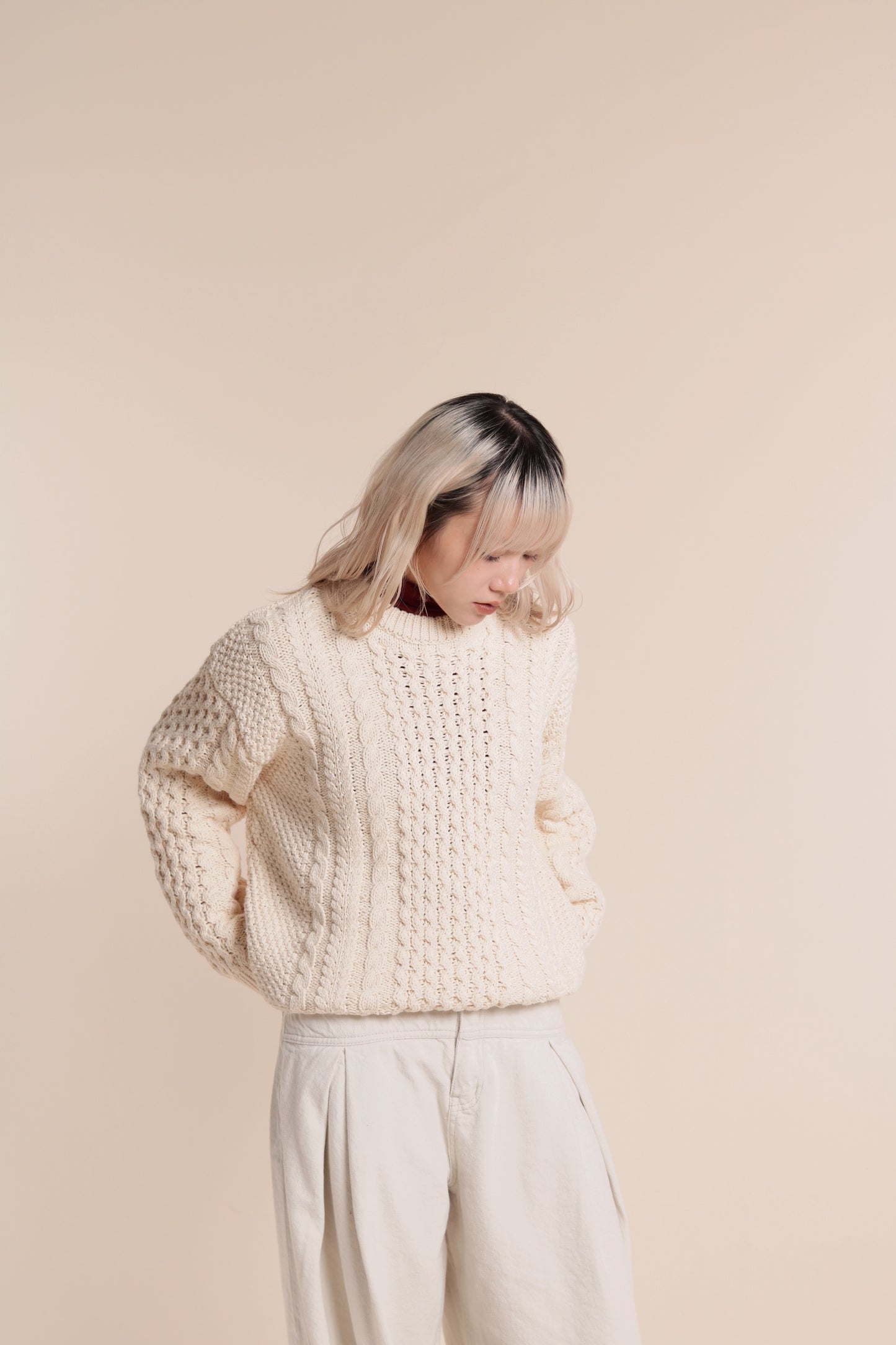 Oversized Cable Knit Sweater (Ivory)