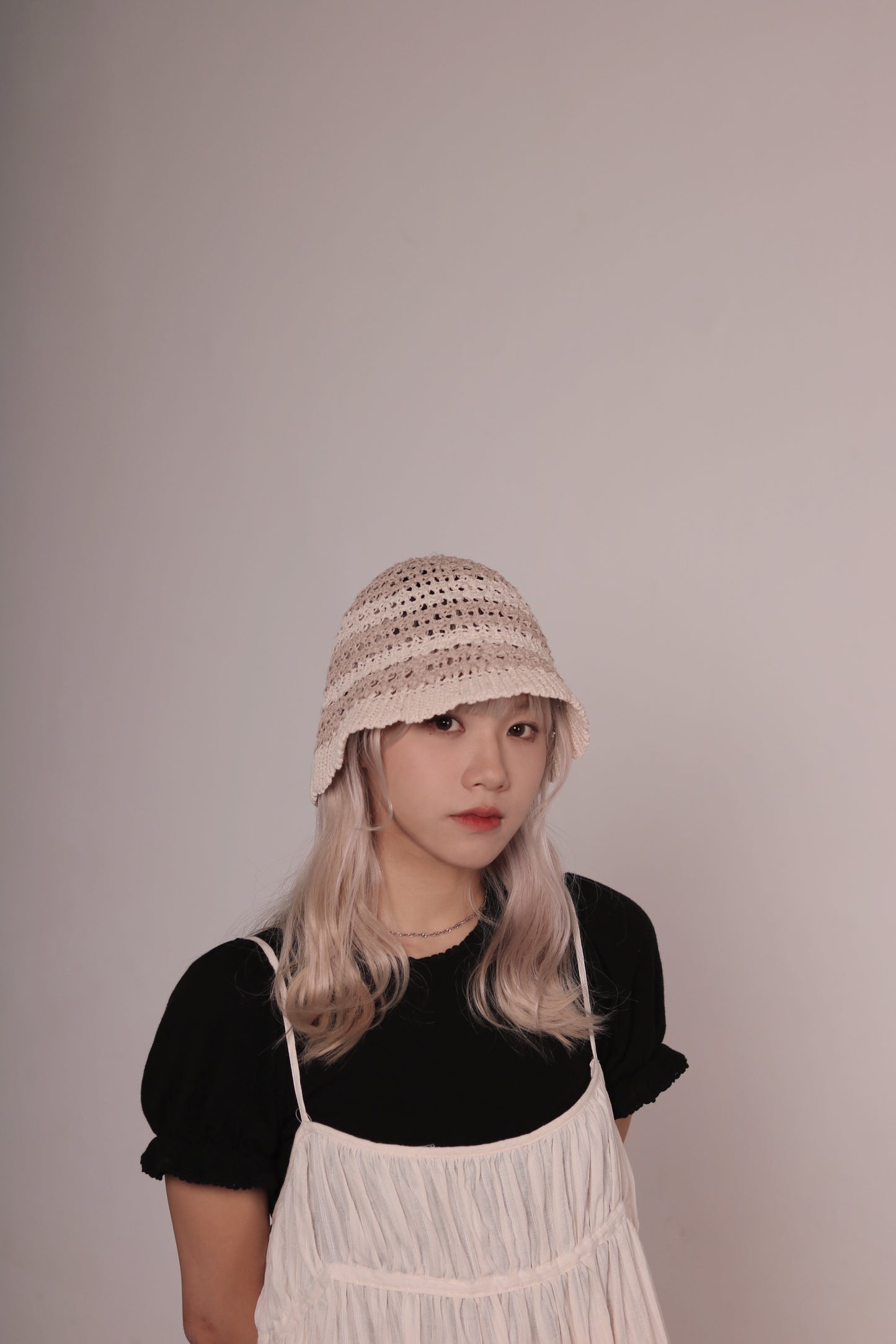 Striped Knit Hat (Beige/Black/Purple)