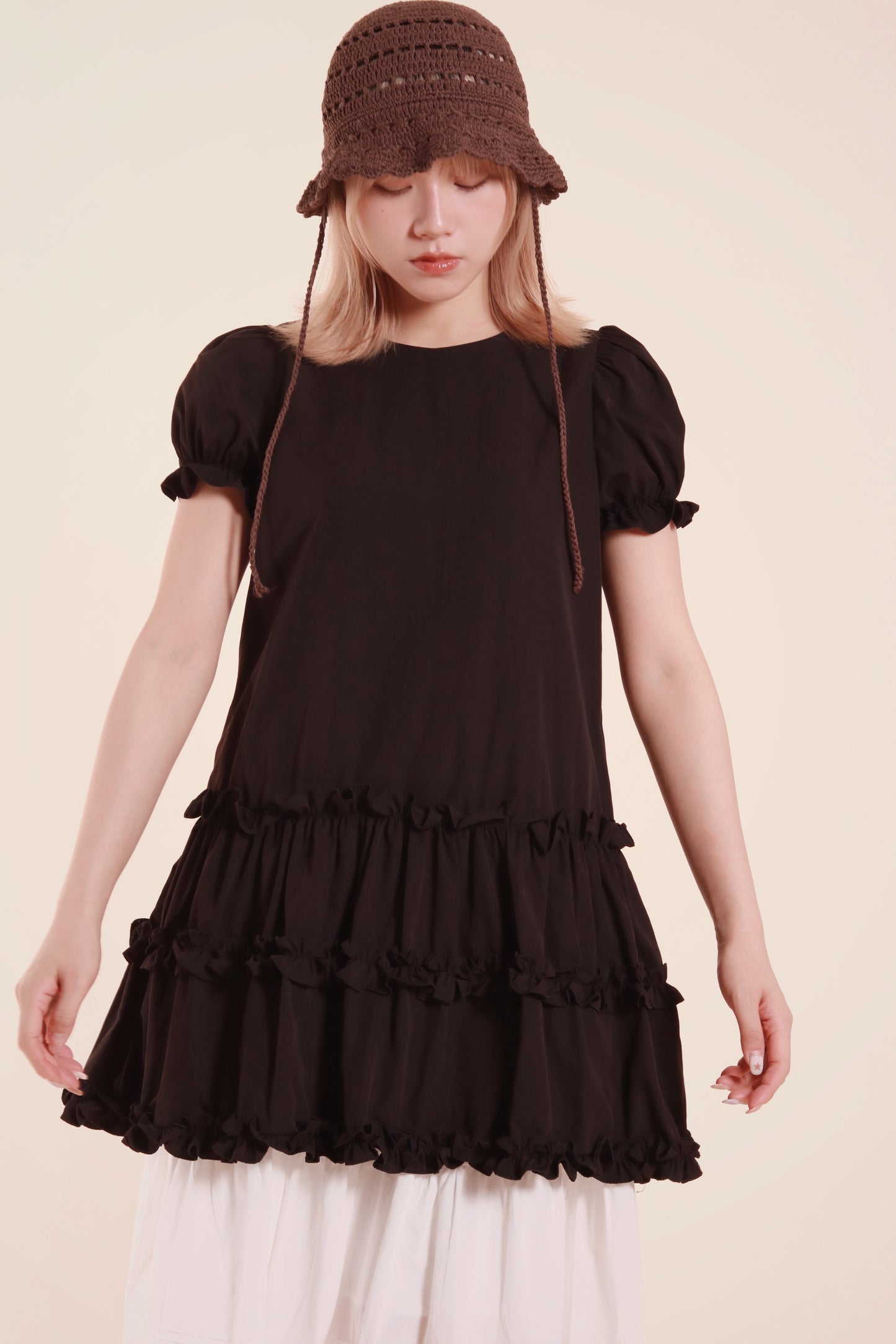 Doll Puff Sleeve Mini Dress (Black)