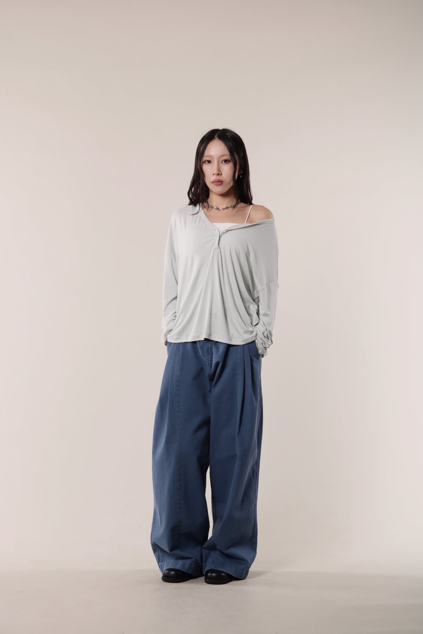 Lazy Button Long Tee (Mint Grey)