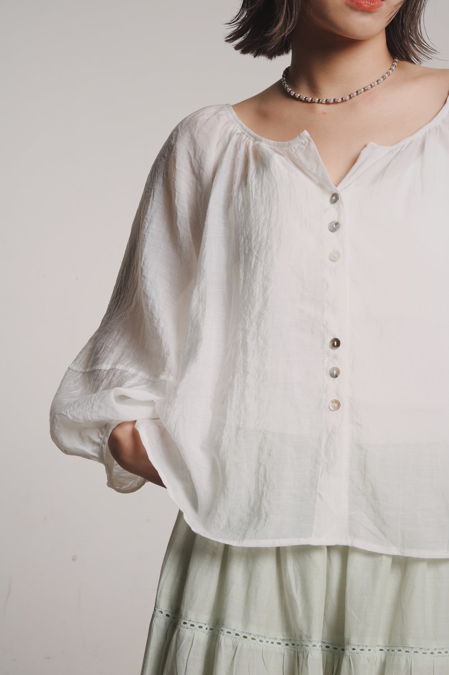 See Through Puff Sleeve Blouse (White)