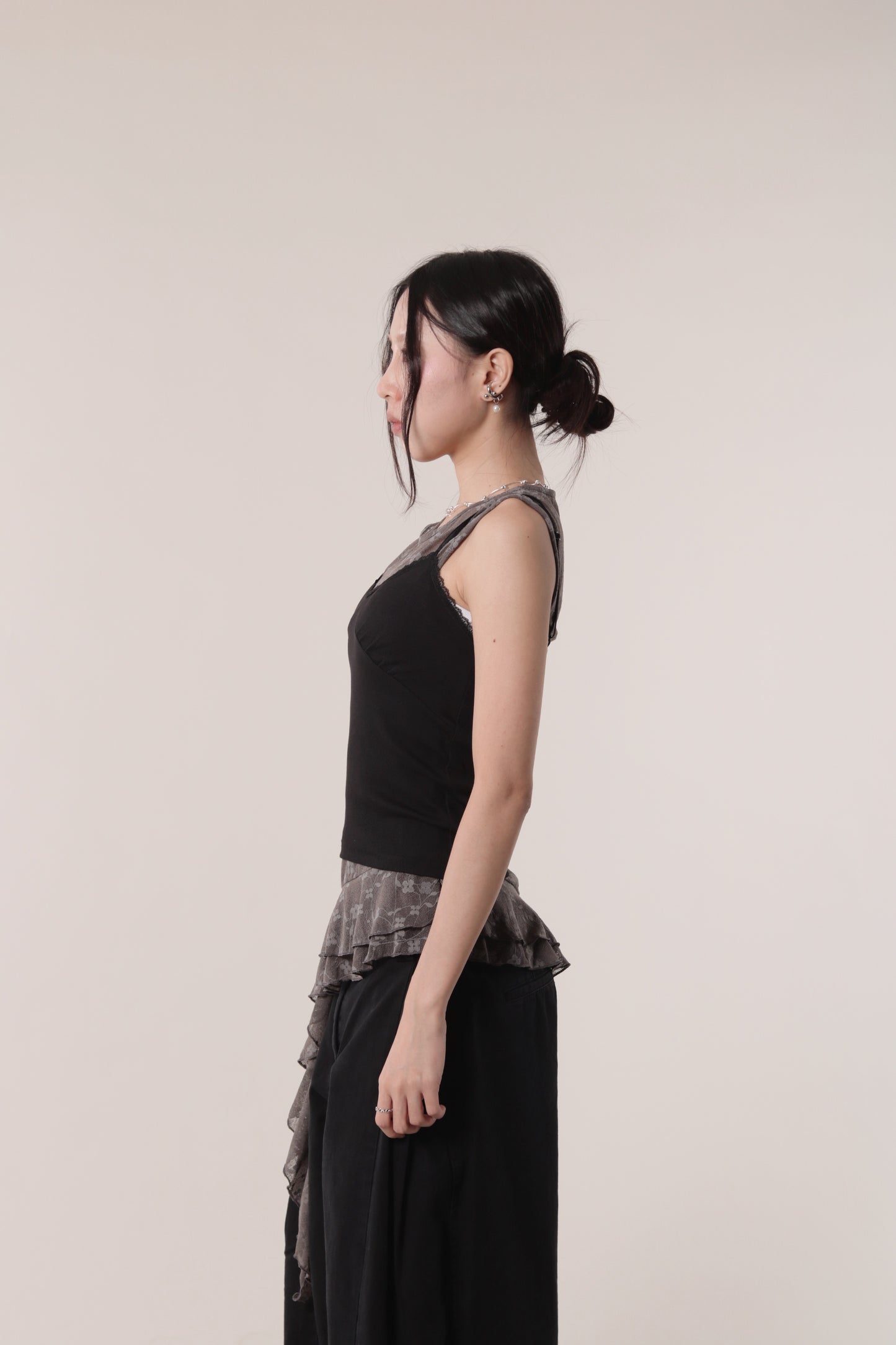 Mesh Flower Sleeveless Top (Charcoal)