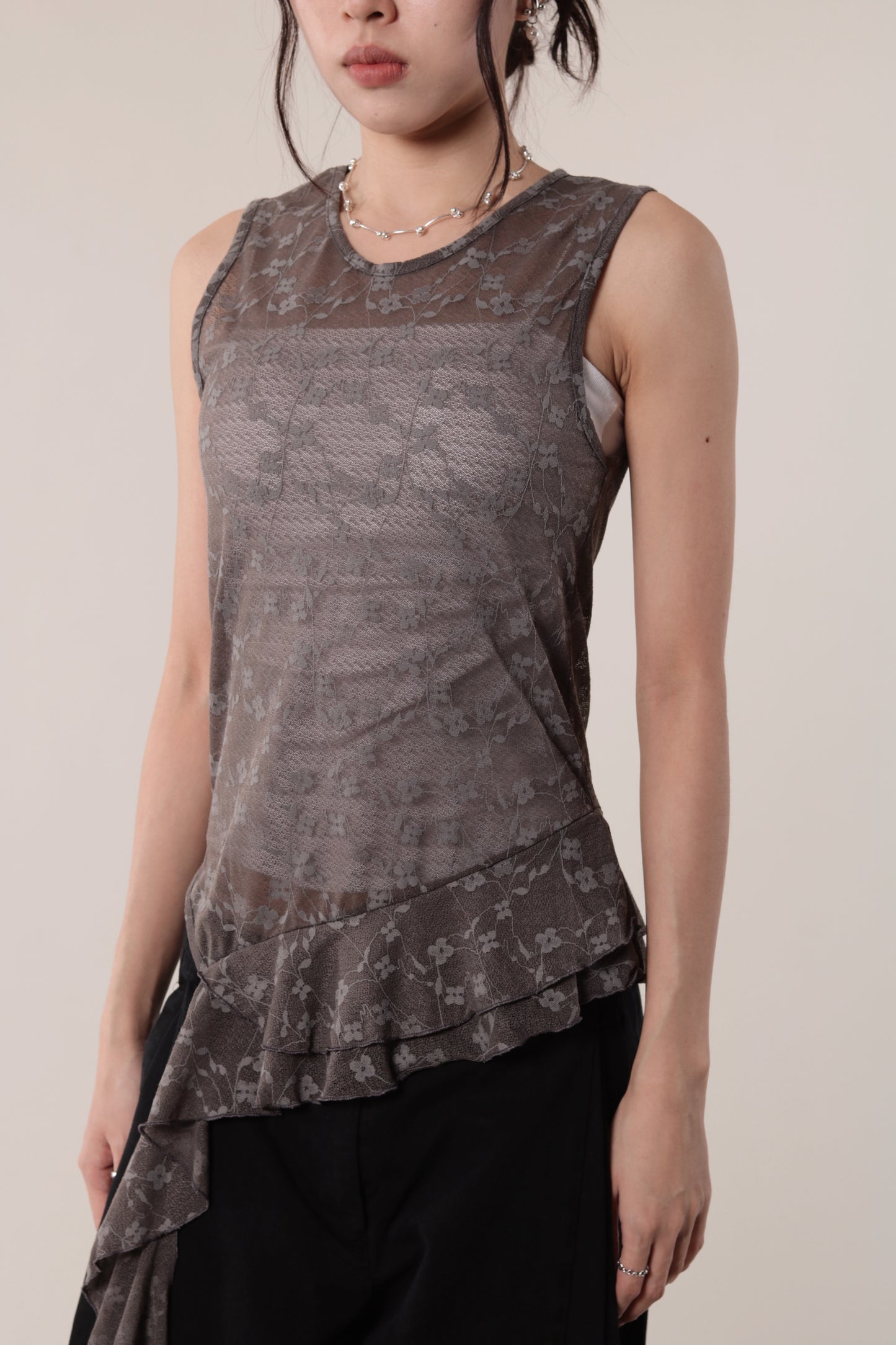 Mesh Flower Sleeveless Top (Charcoal)