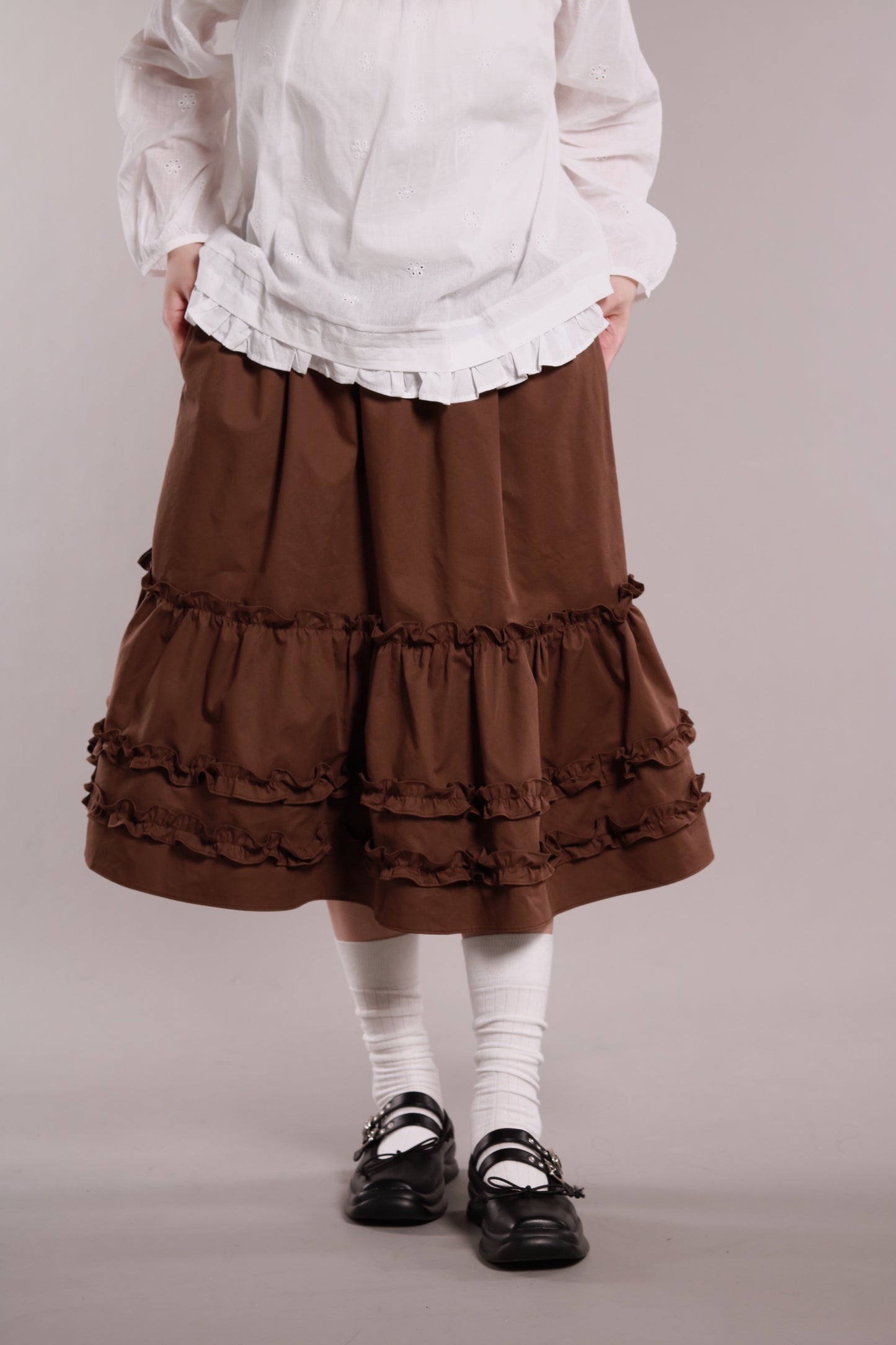 Doll Ruffle Midi Skirt (Brown)