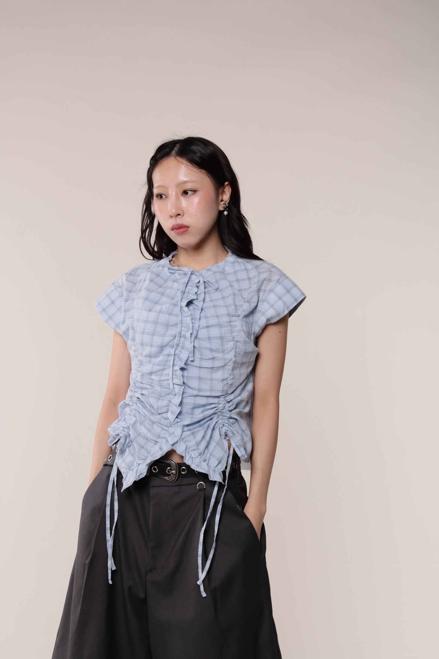 Gathered Check Shirt (Blue)