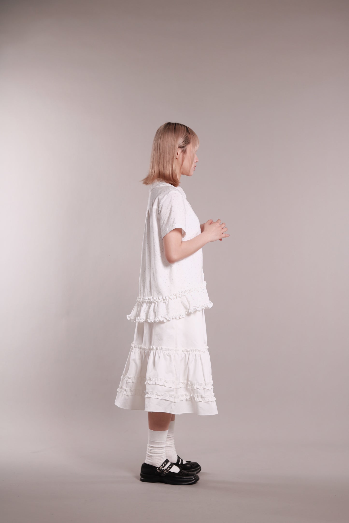 Doll Ruffle Midi Skirt (White)