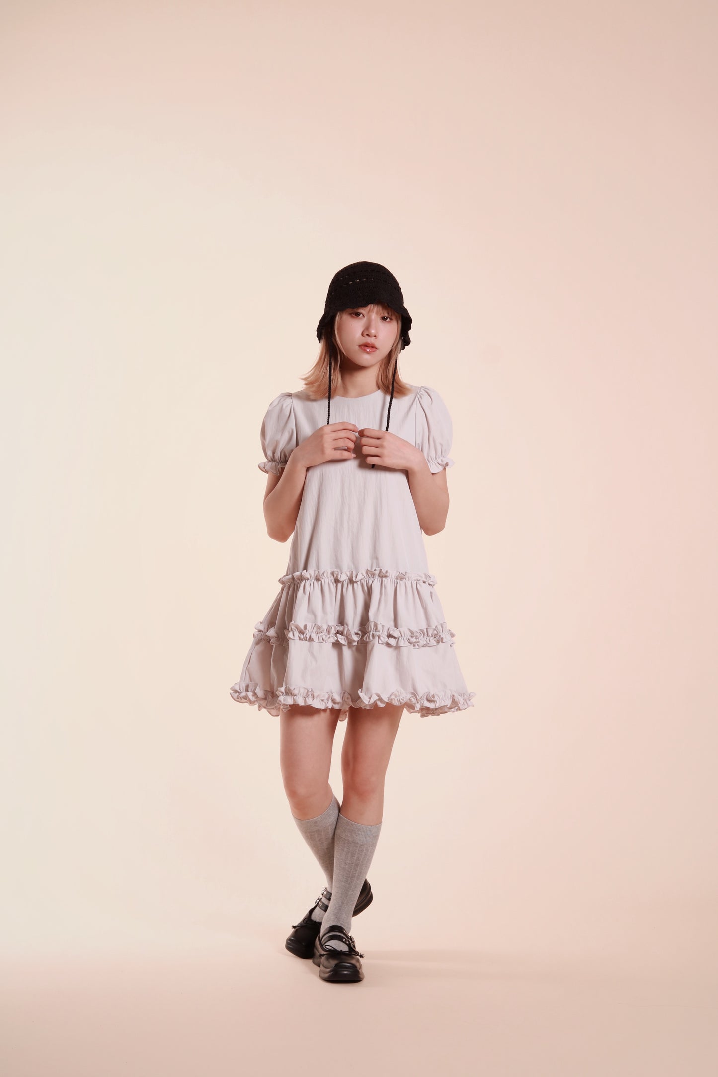 Doll Puff Sleeve Mini Dress (Grey)