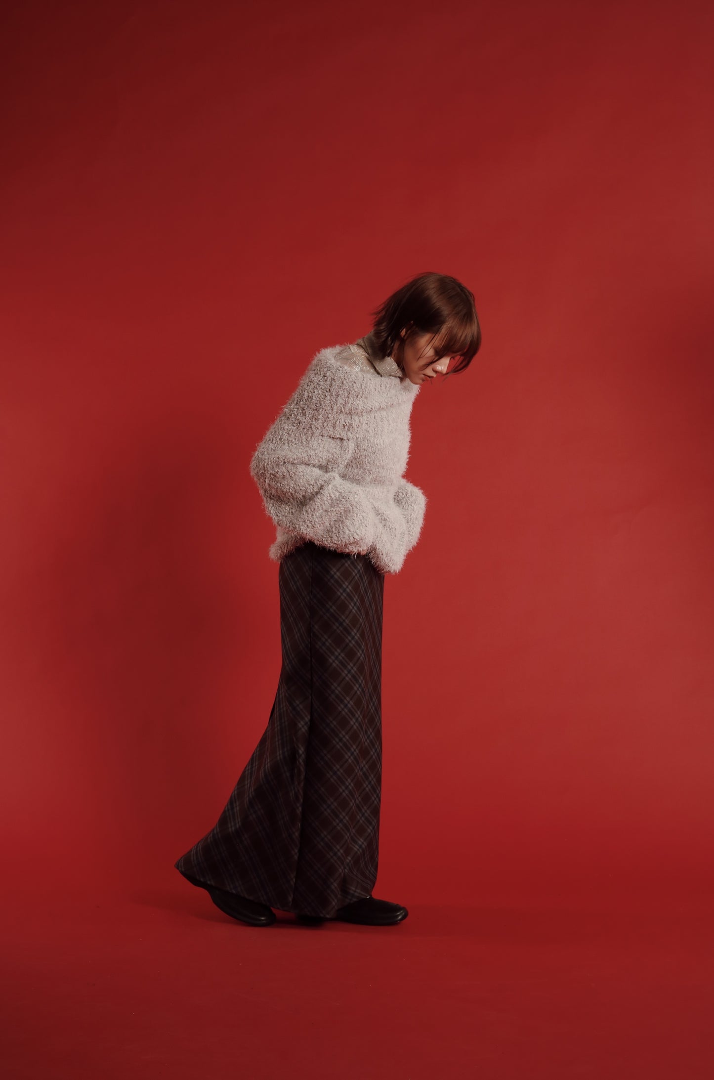 Checkered Slit Skirt (Brown)