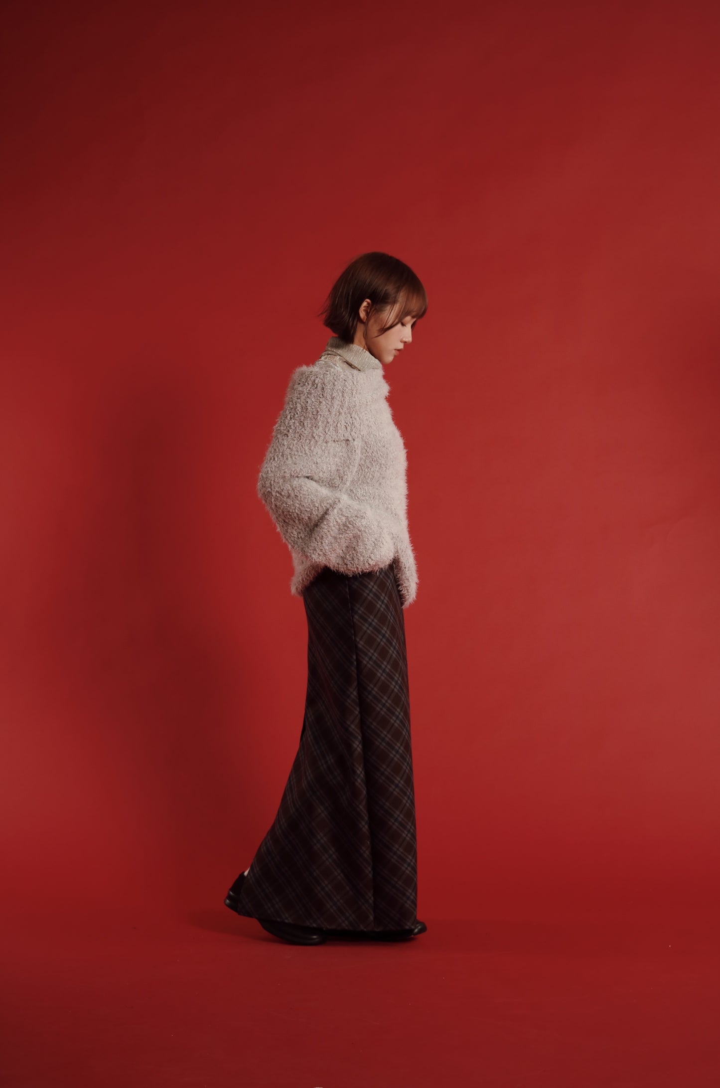 Checkered Slit Skirt (Brown)