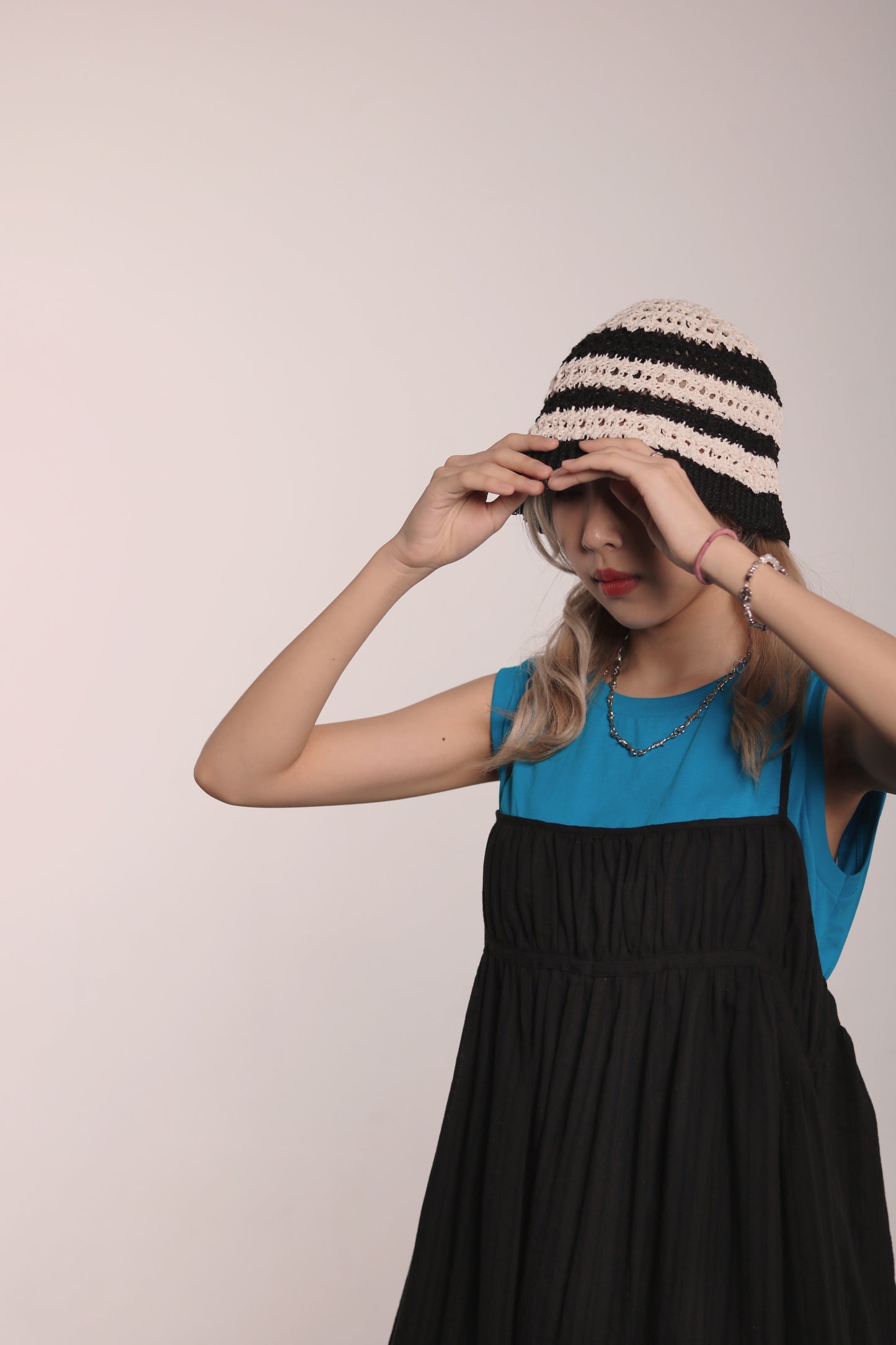 Striped Knit Hat (Beige/Black/Purple)