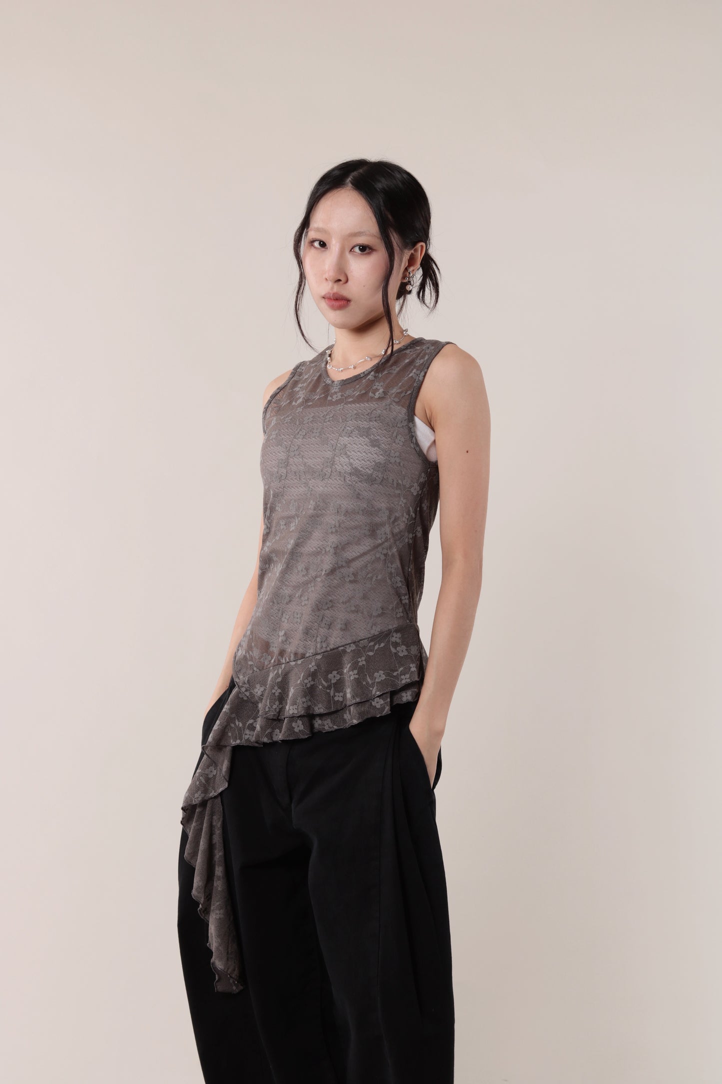 Mesh Flower Sleeveless Top (Charcoal)