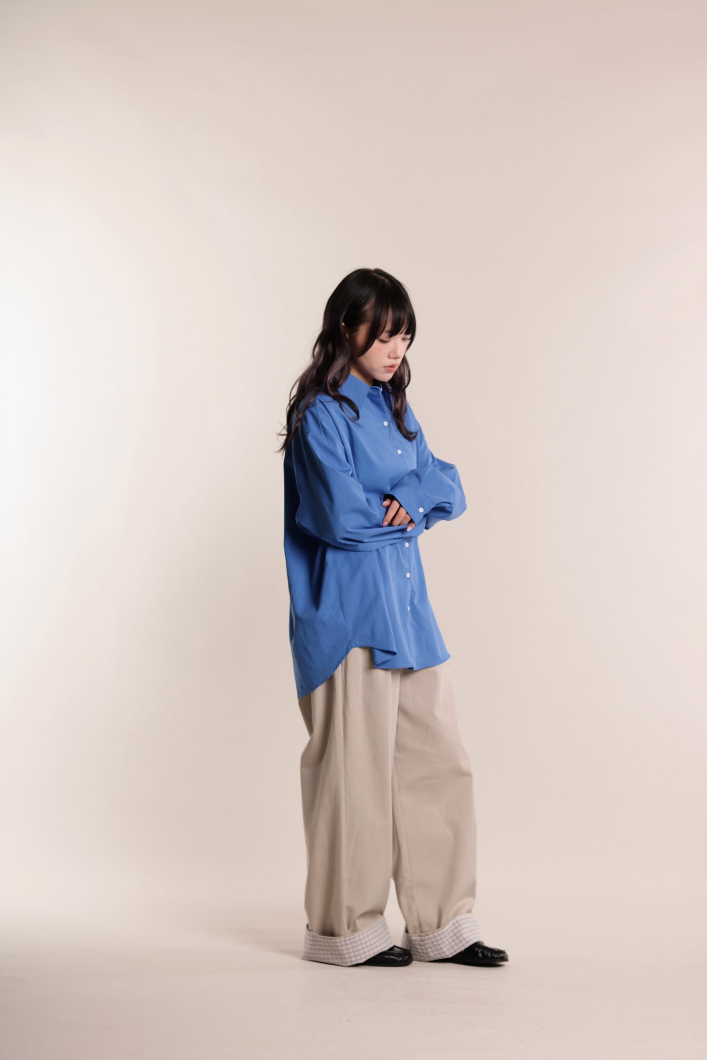 Check Detail Pleated Pants (Beige)