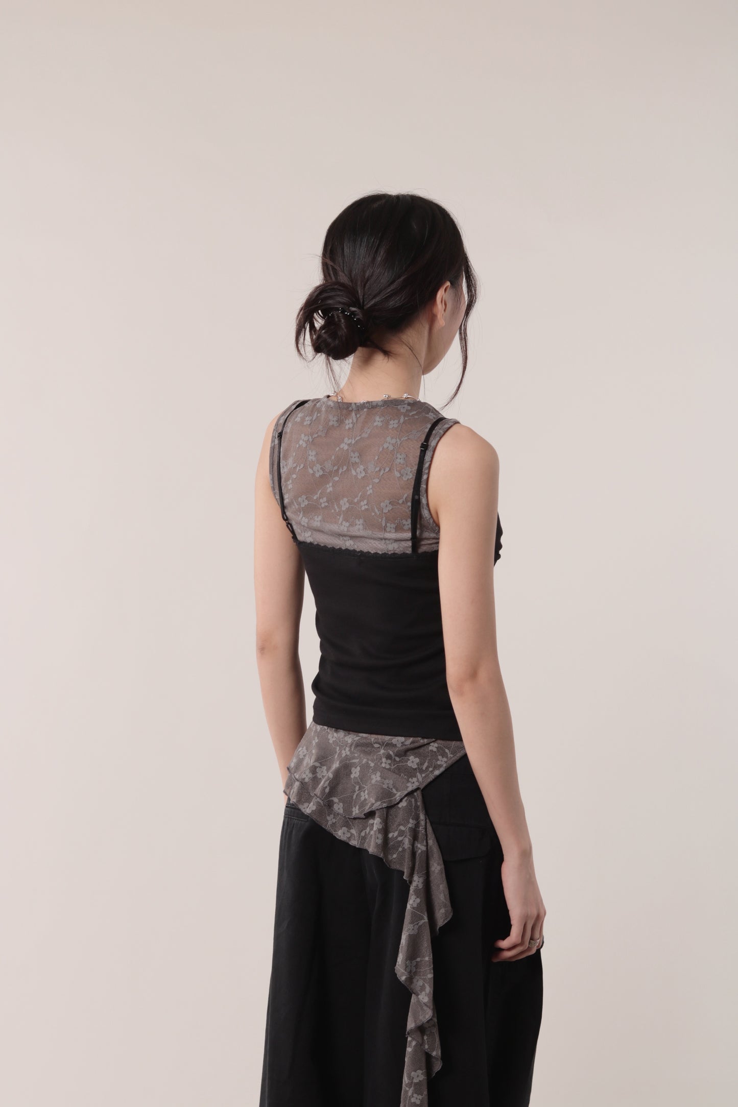 Mesh Flower Sleeveless Top (Charcoal)