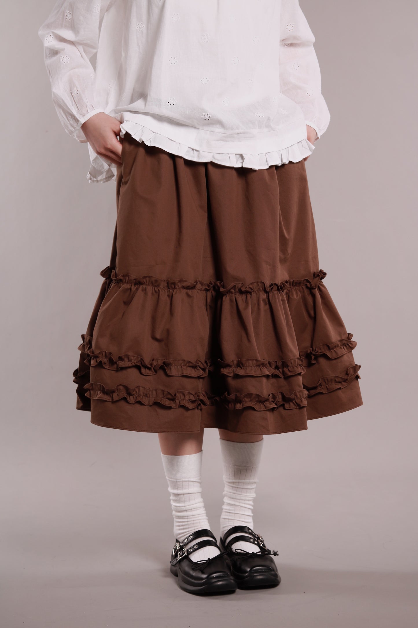 Doll Ruffle Midi Skirt (Brown)