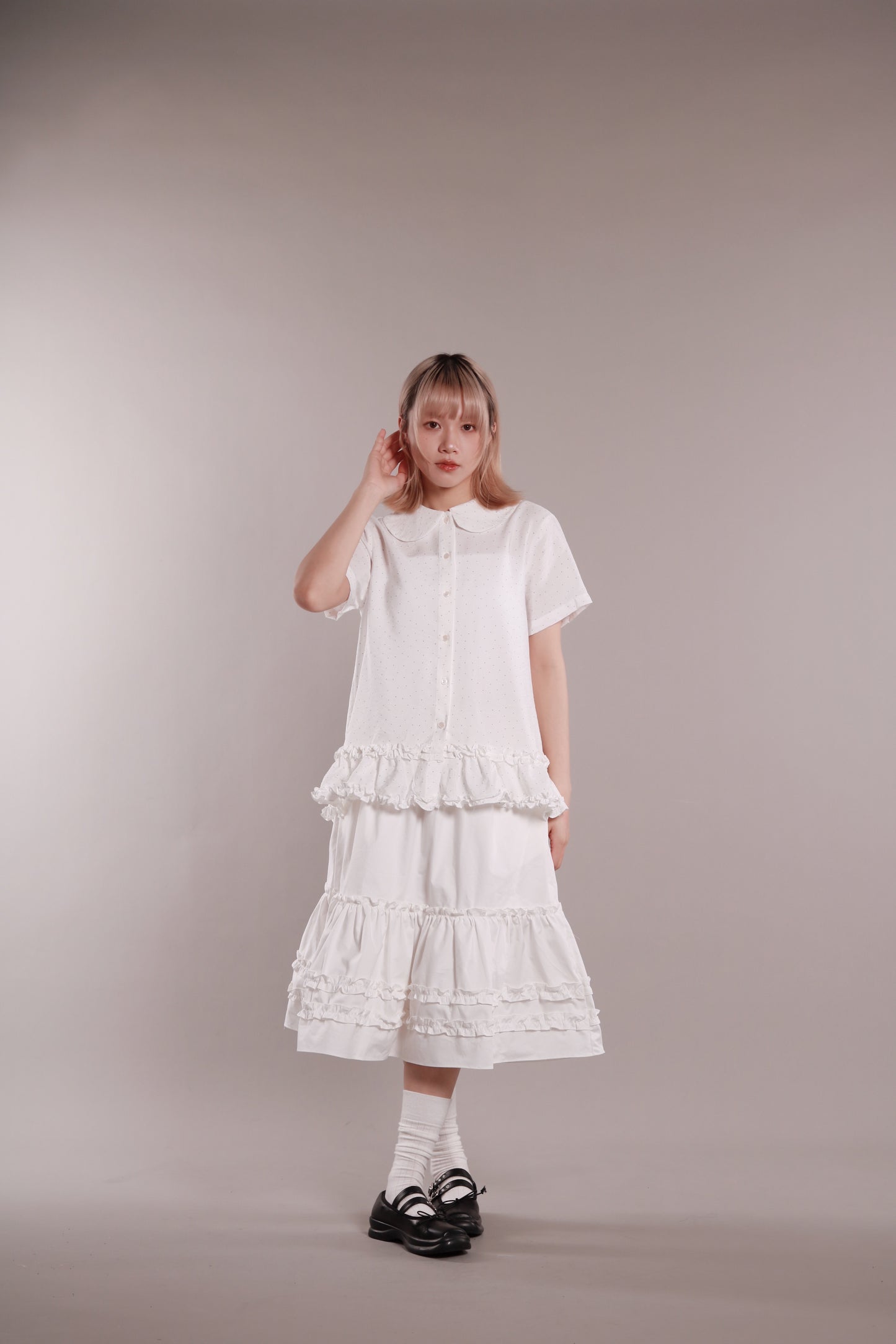 Doll Ruffle Midi Skirt (White)