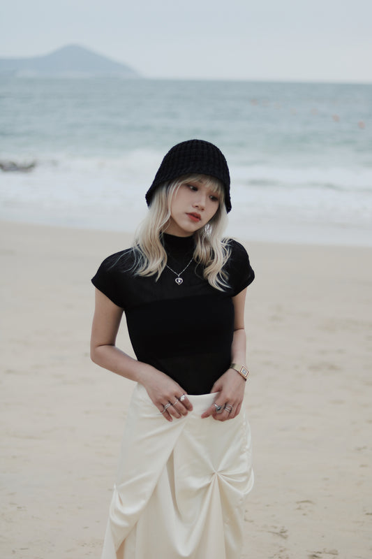 Cap Sleeve Mock Neck Top (Black)