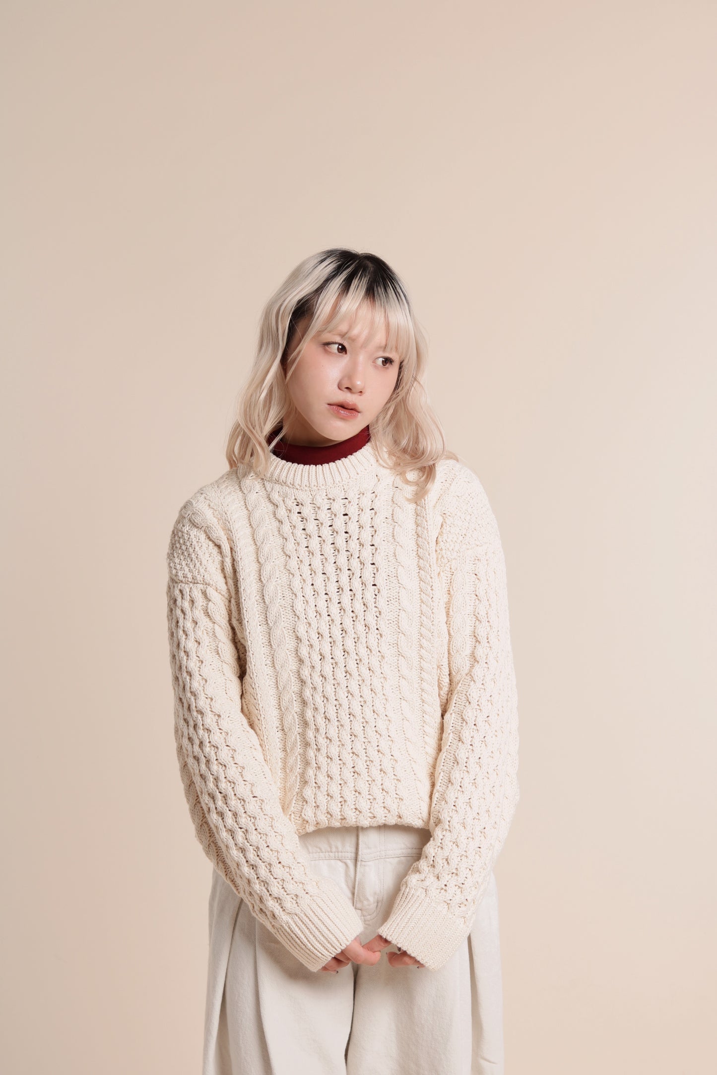 Oversized Cable Knit Sweater (Ivory)