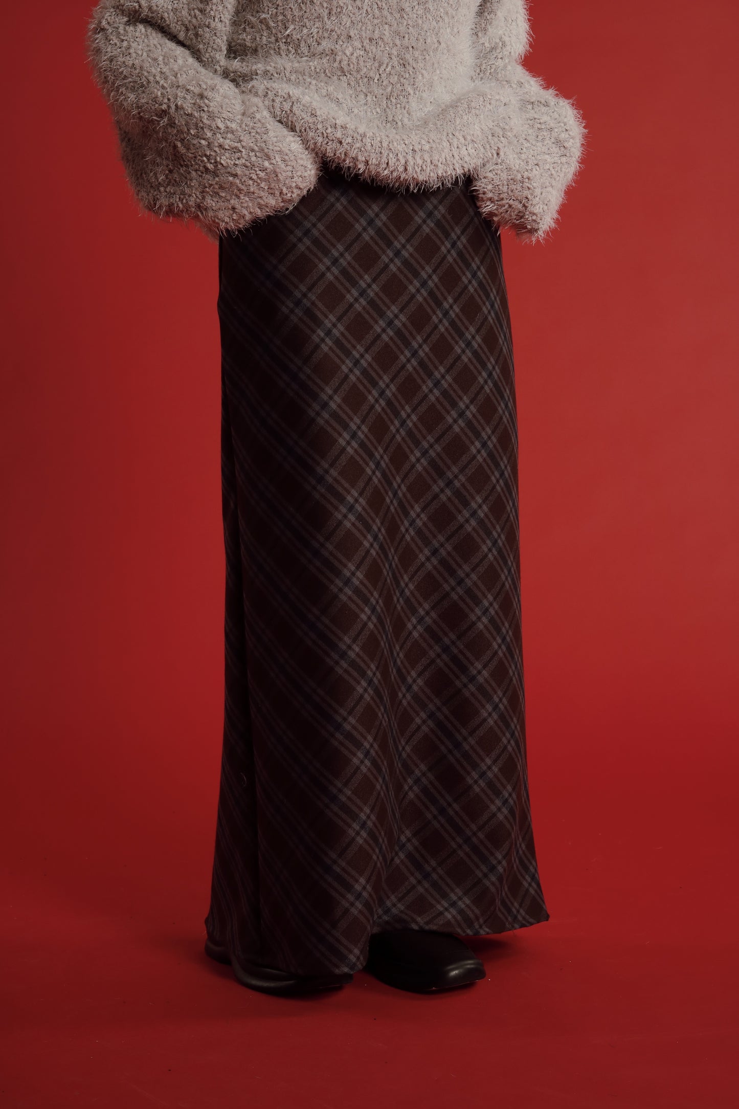 Checkered Slit Skirt (Brown)