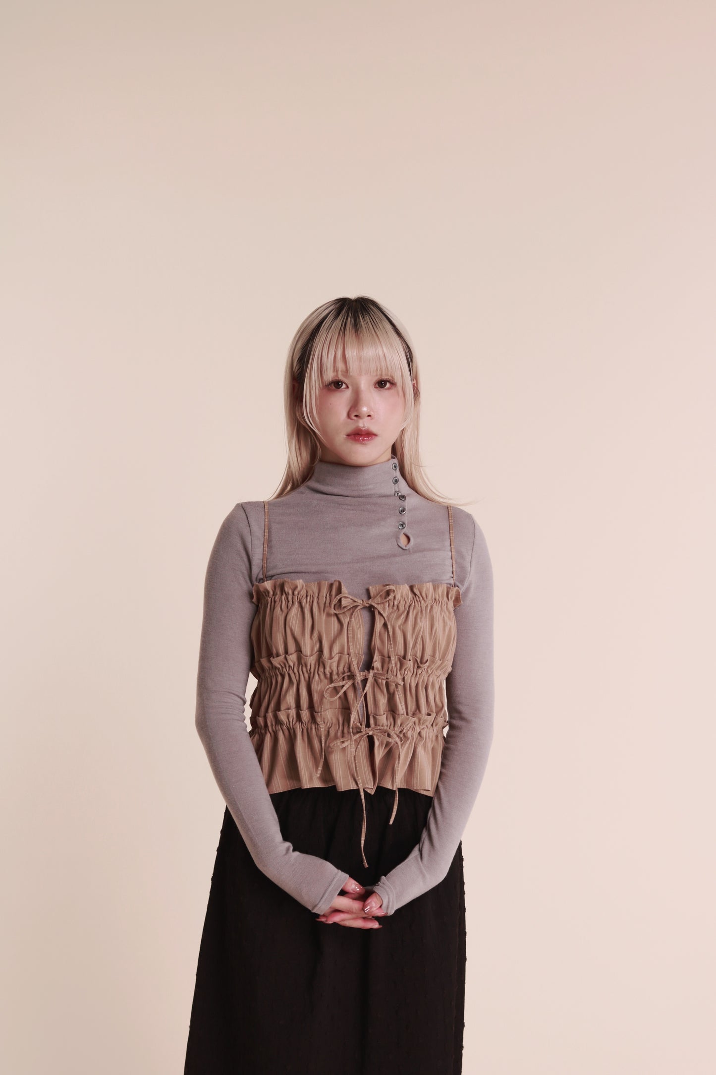 Gathered Ribbon Sleeveless Top (Beige)