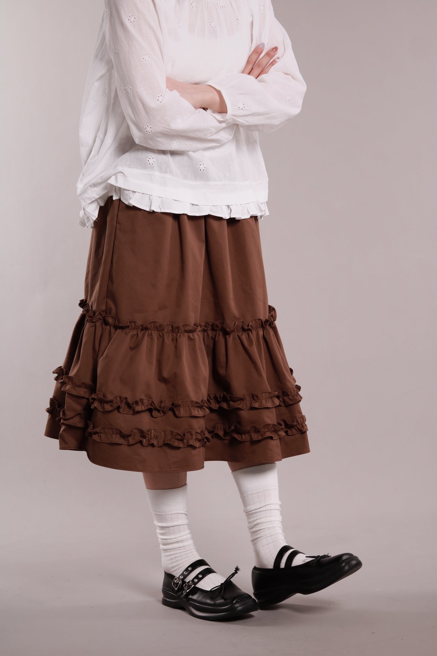 Doll Ruffle Midi Skirt (Brown)
