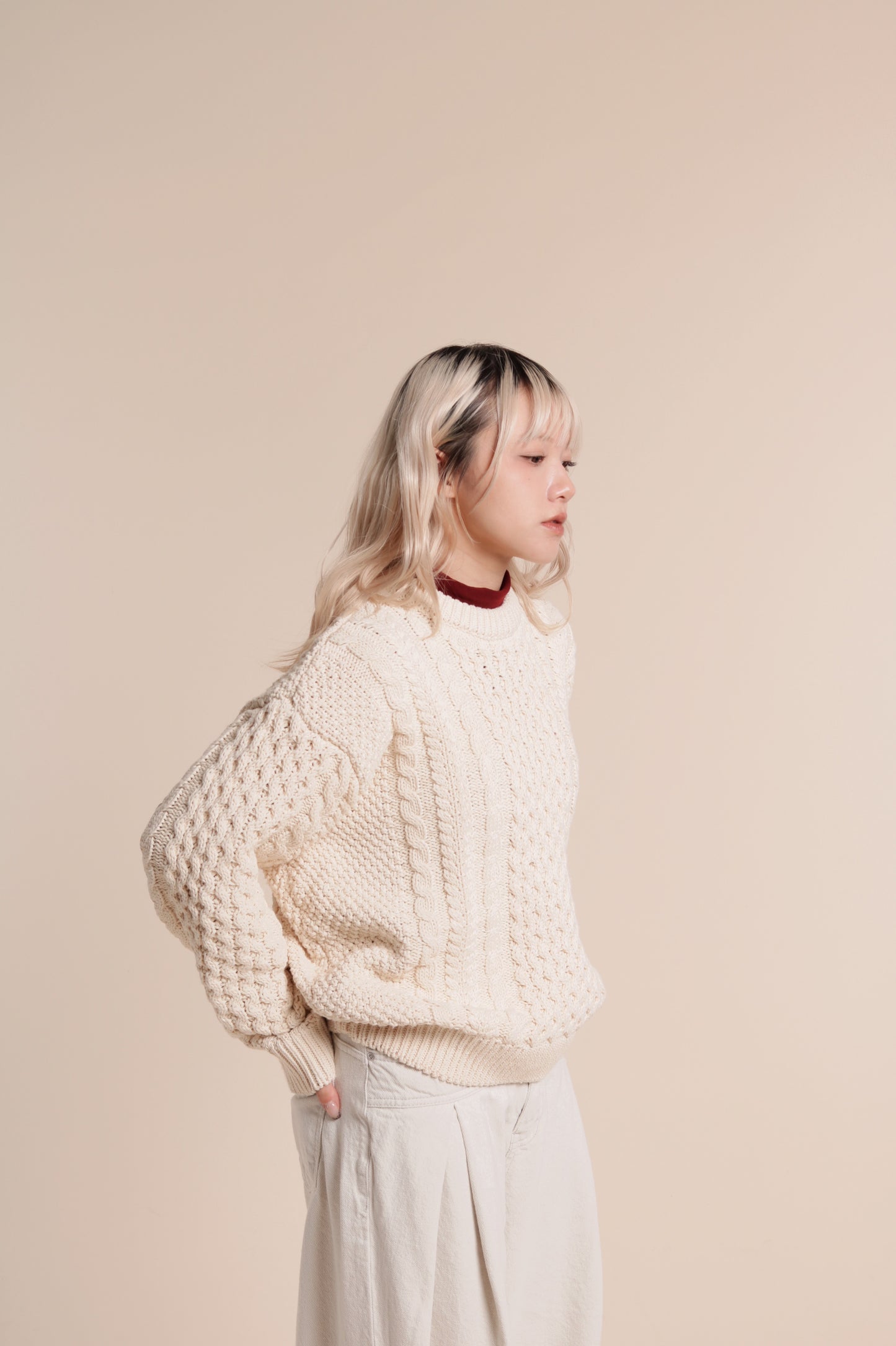 Oversized Cable Knit Sweater (Ivory)