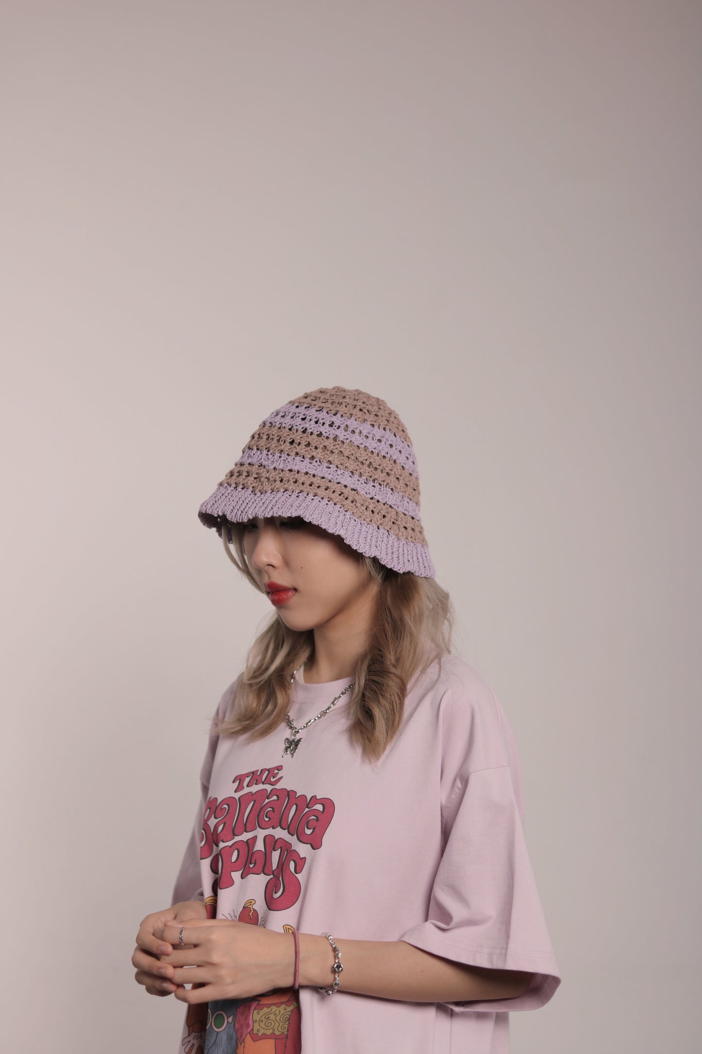 Striped Knit Hat (Beige/Black/Purple)